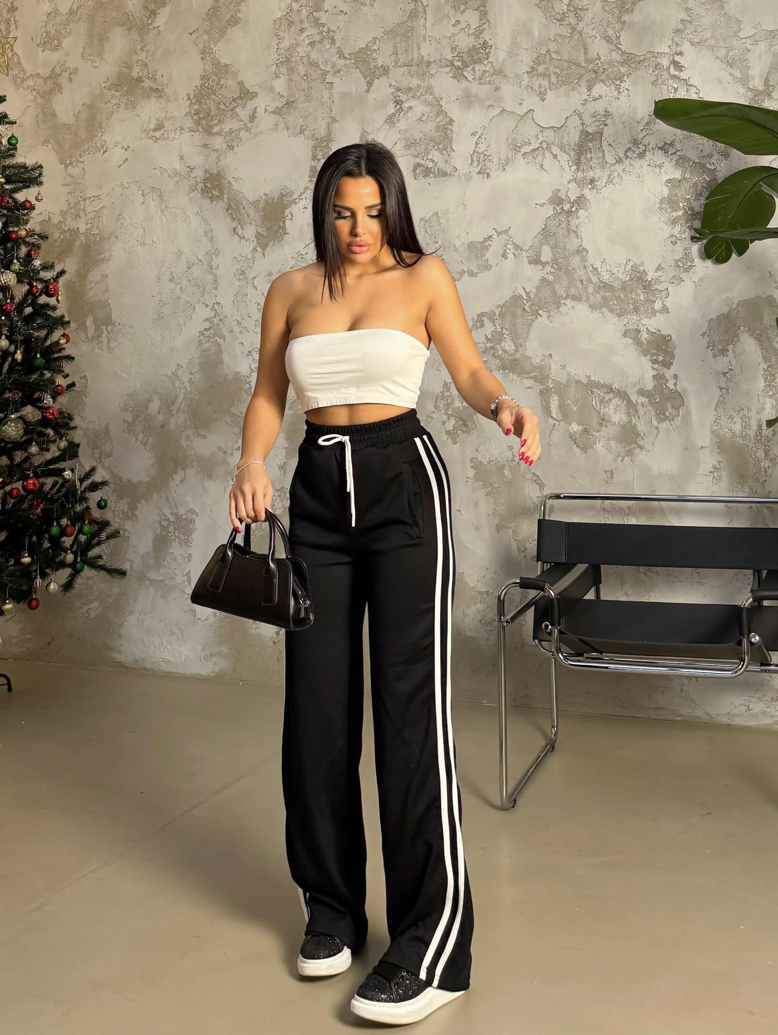 Laminta Yüksek Bel Şeritli Pantalon-Siyah