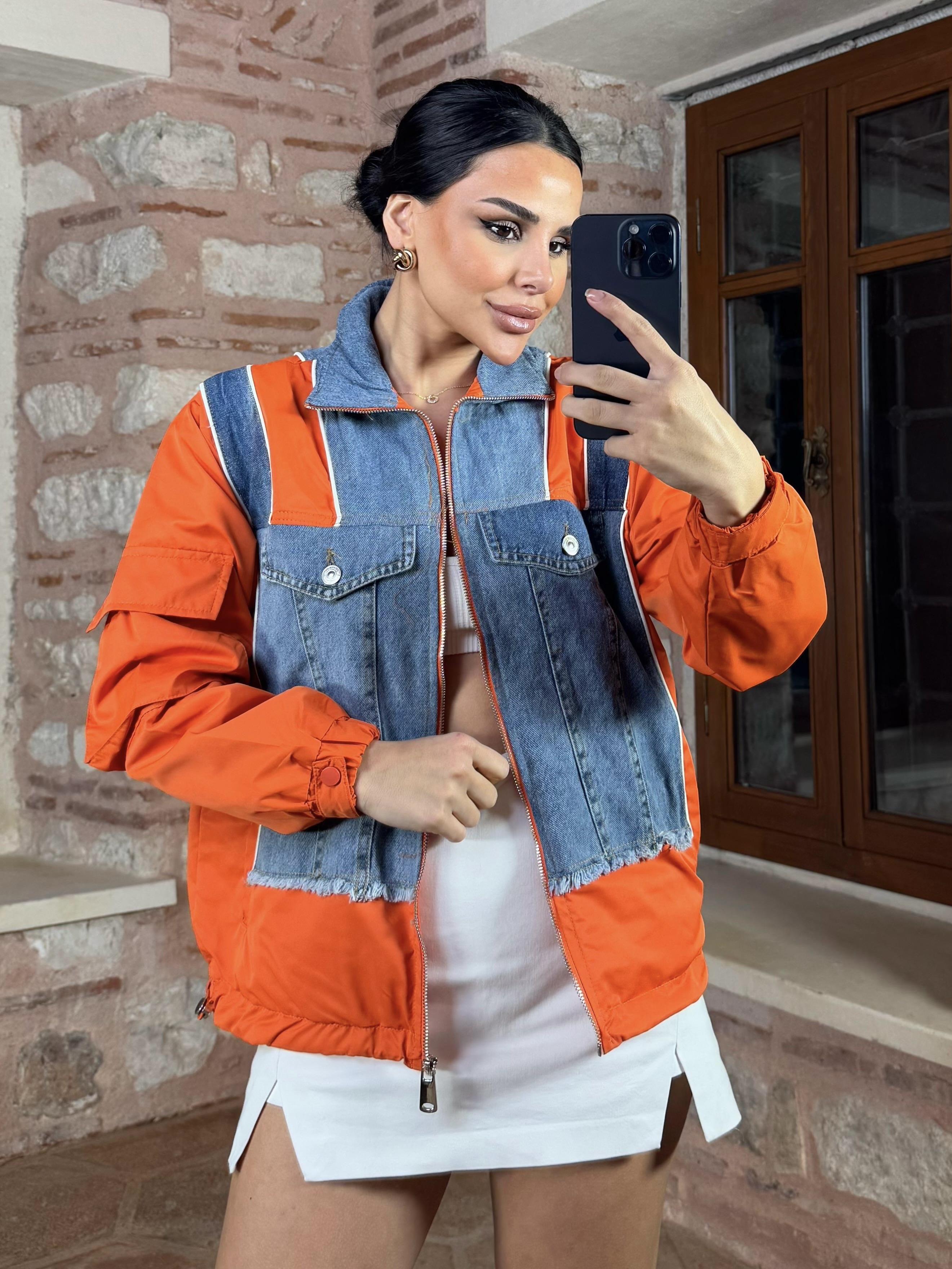 Frag Denim Detaylı Paraşüt Yağmurluk Turuncu