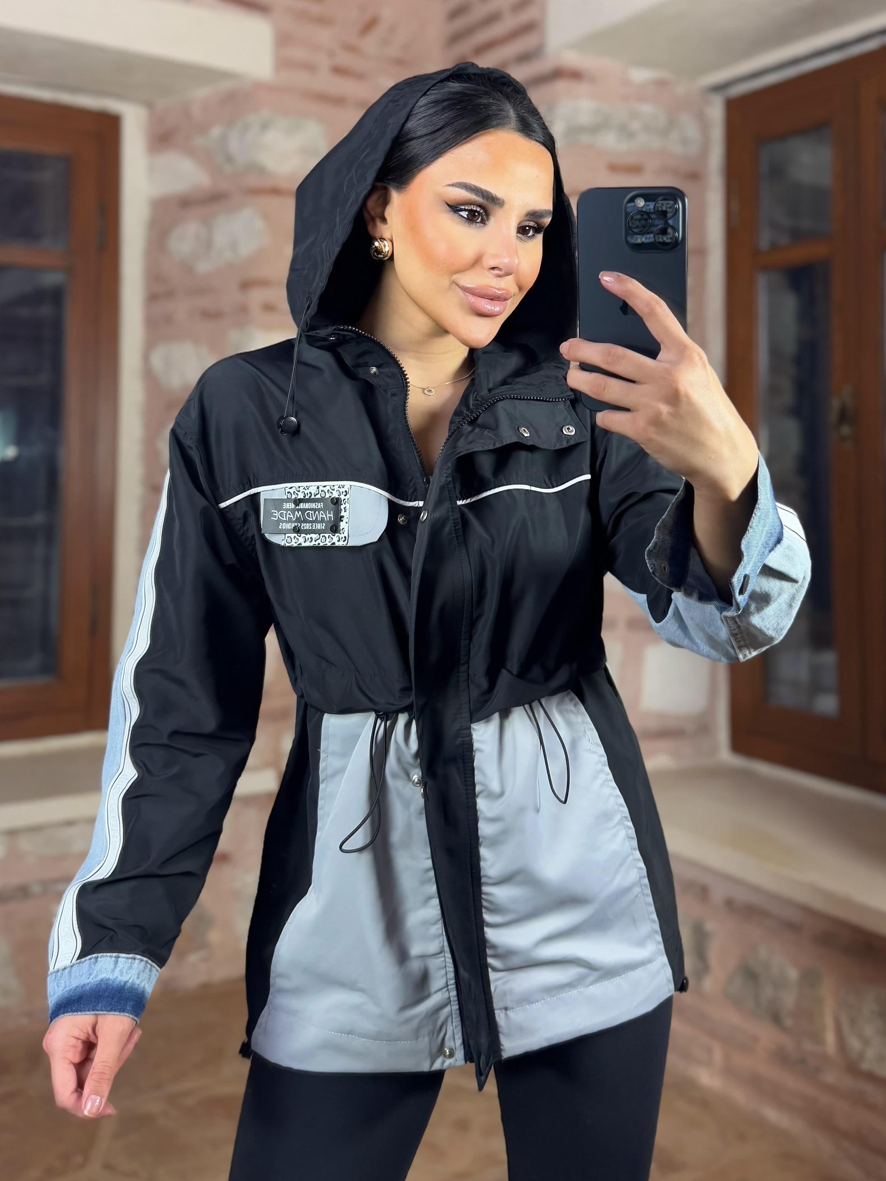 Fashy Denim Detaylı Paraşüt Yağmurluk Siyah