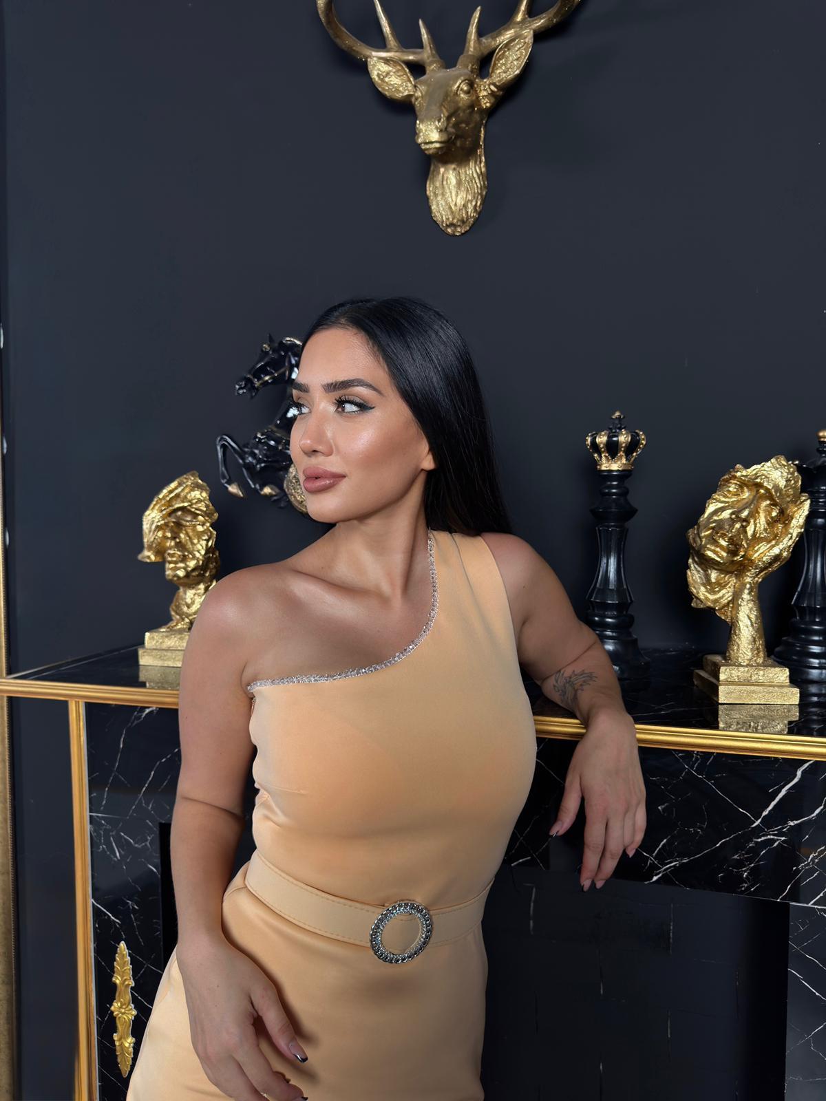 Melsa Tek Omuz Detaylı Abiye Elbise Açık Camel