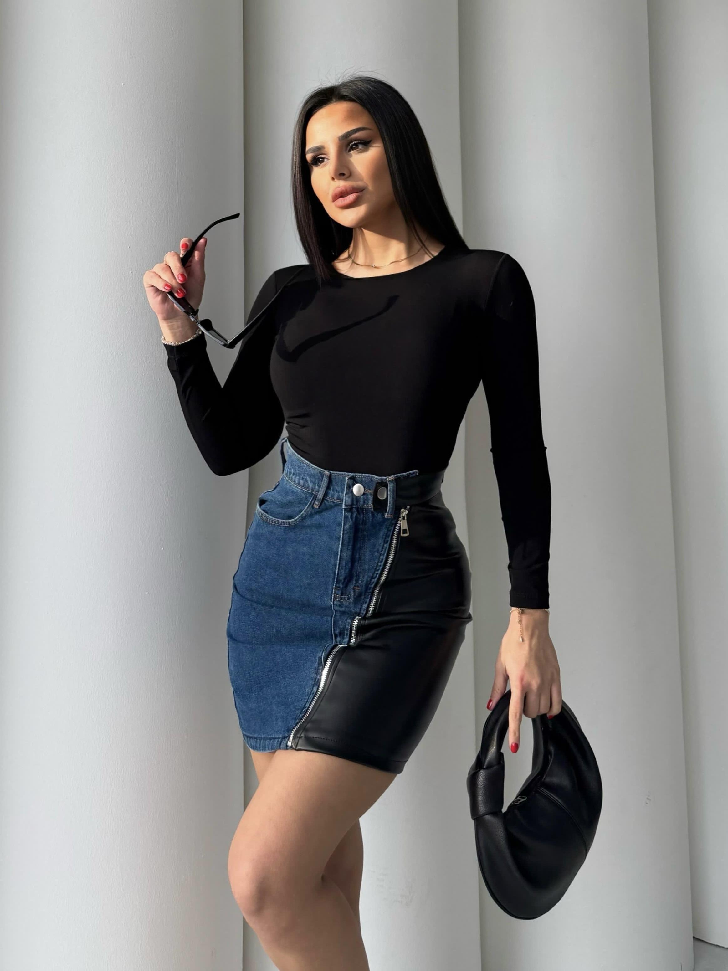 Mizu Deri Detaylı Denim Tasarım Etek Mavi