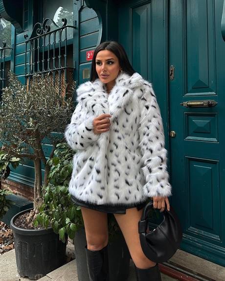 Rinda Desenli Kürk Kaban Beyaz