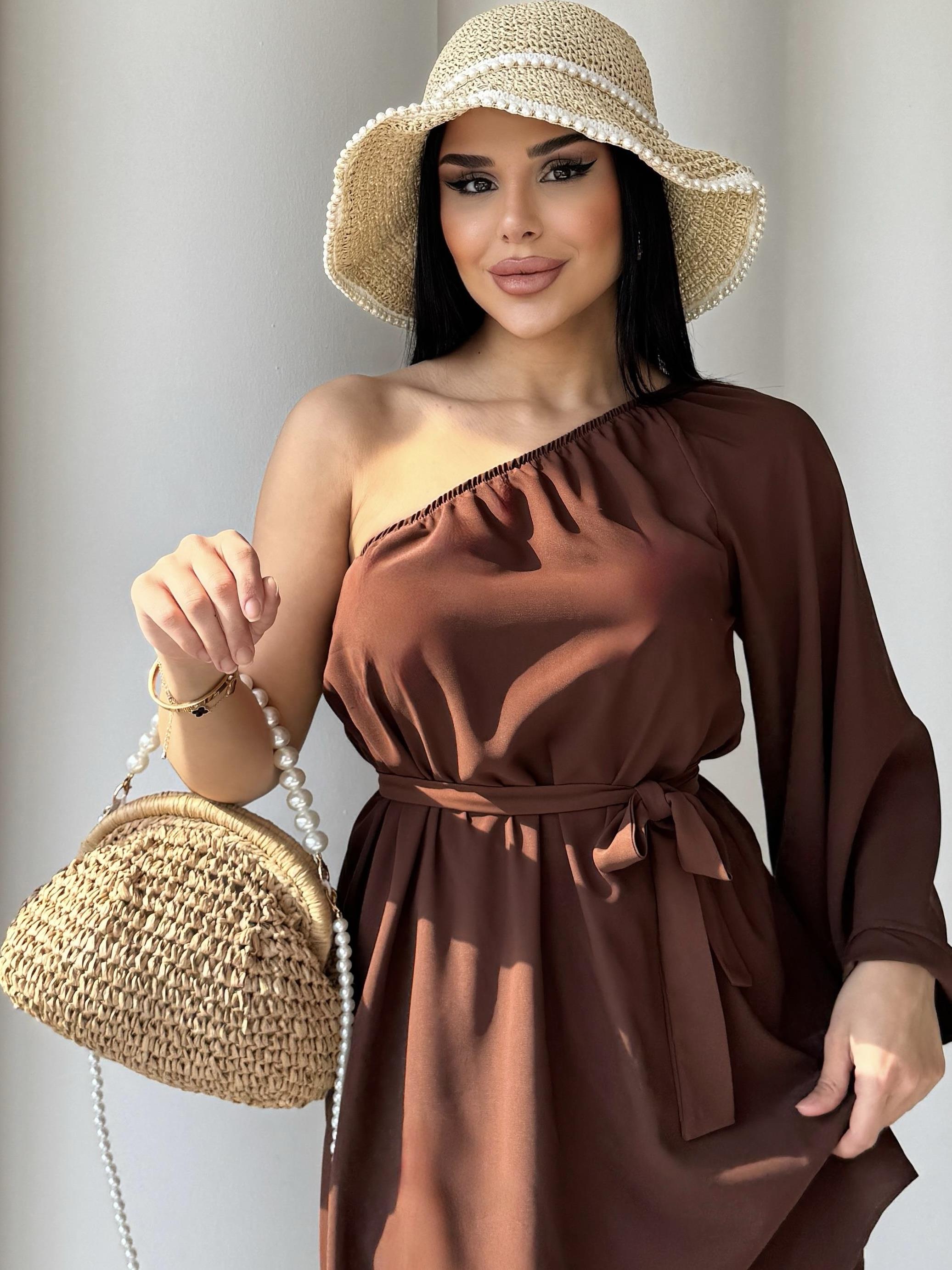 Pearl İnci Askı Detaylı Hasır Çanta Camel