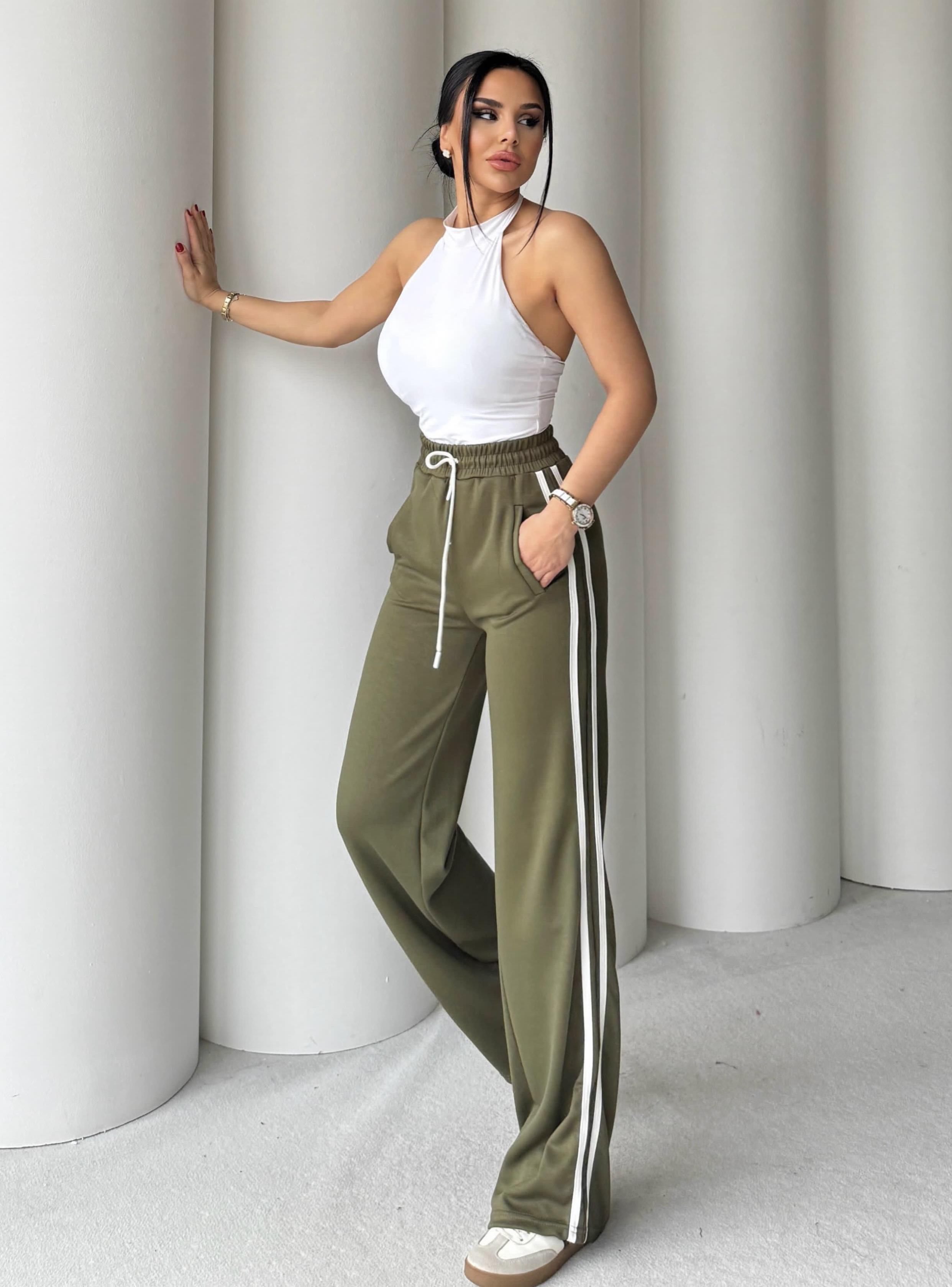 Laminta Yüksek Bel Şeritli Pantalon-Haki