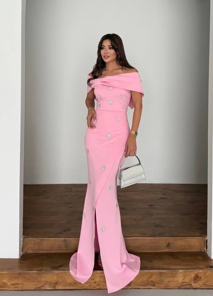 Nepali Taş Detaylı Abiye Elbise Pembe