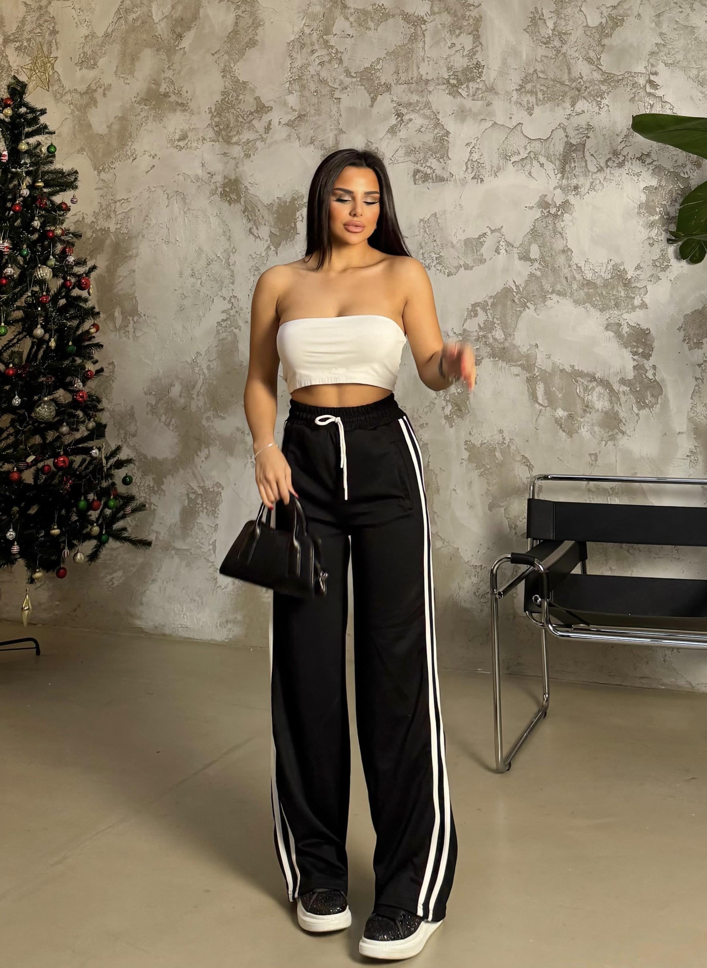 Laminta Yüksek Bel Şeritli Pantalon-Siyah