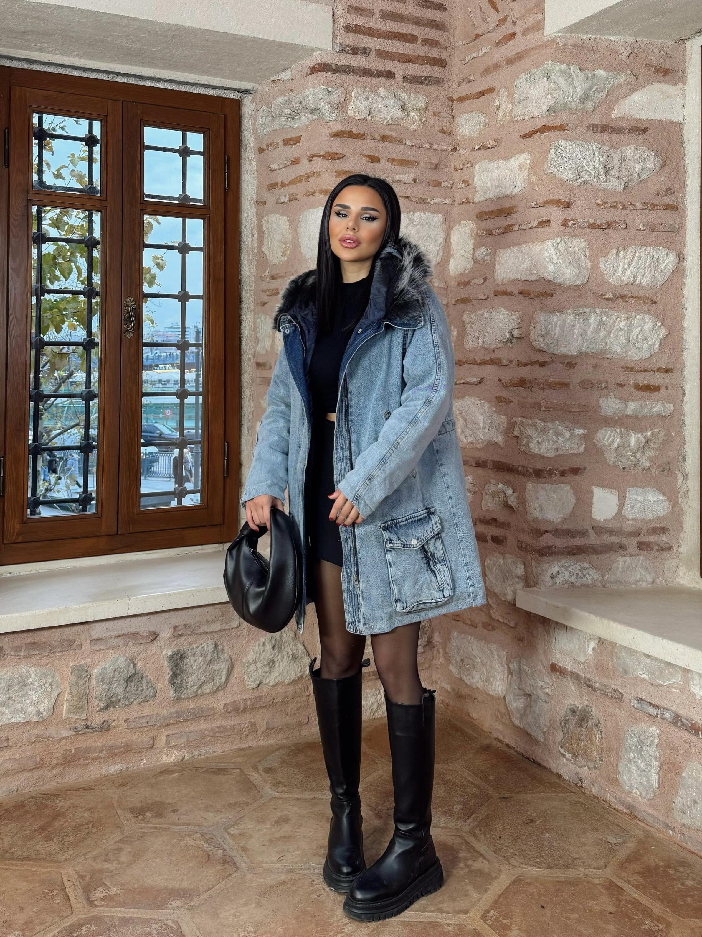 Wuala Kapşonlu Kot Mont Mavi