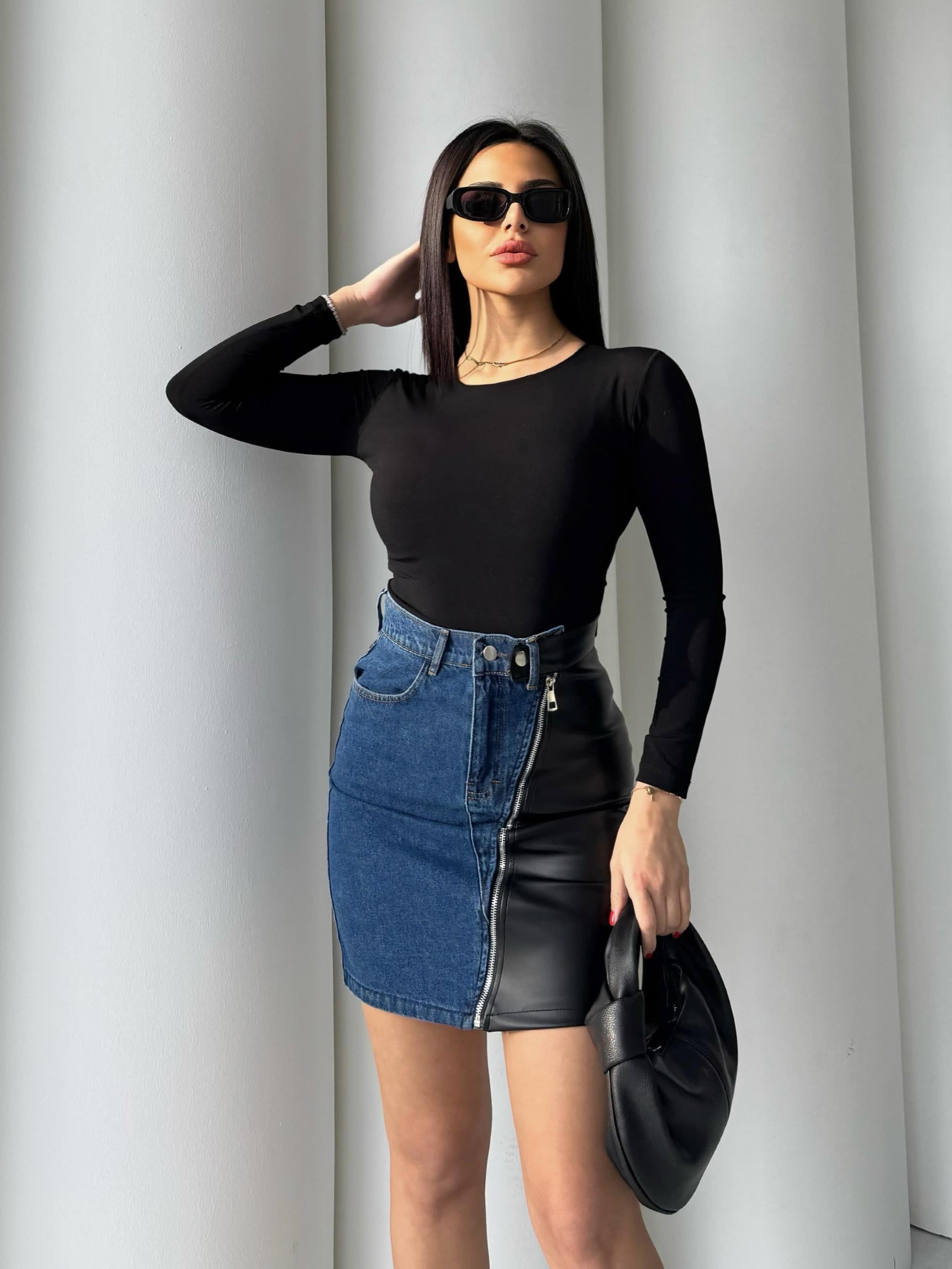 Mizu Deri Detaylı Denim Tasarım Etek Mavi