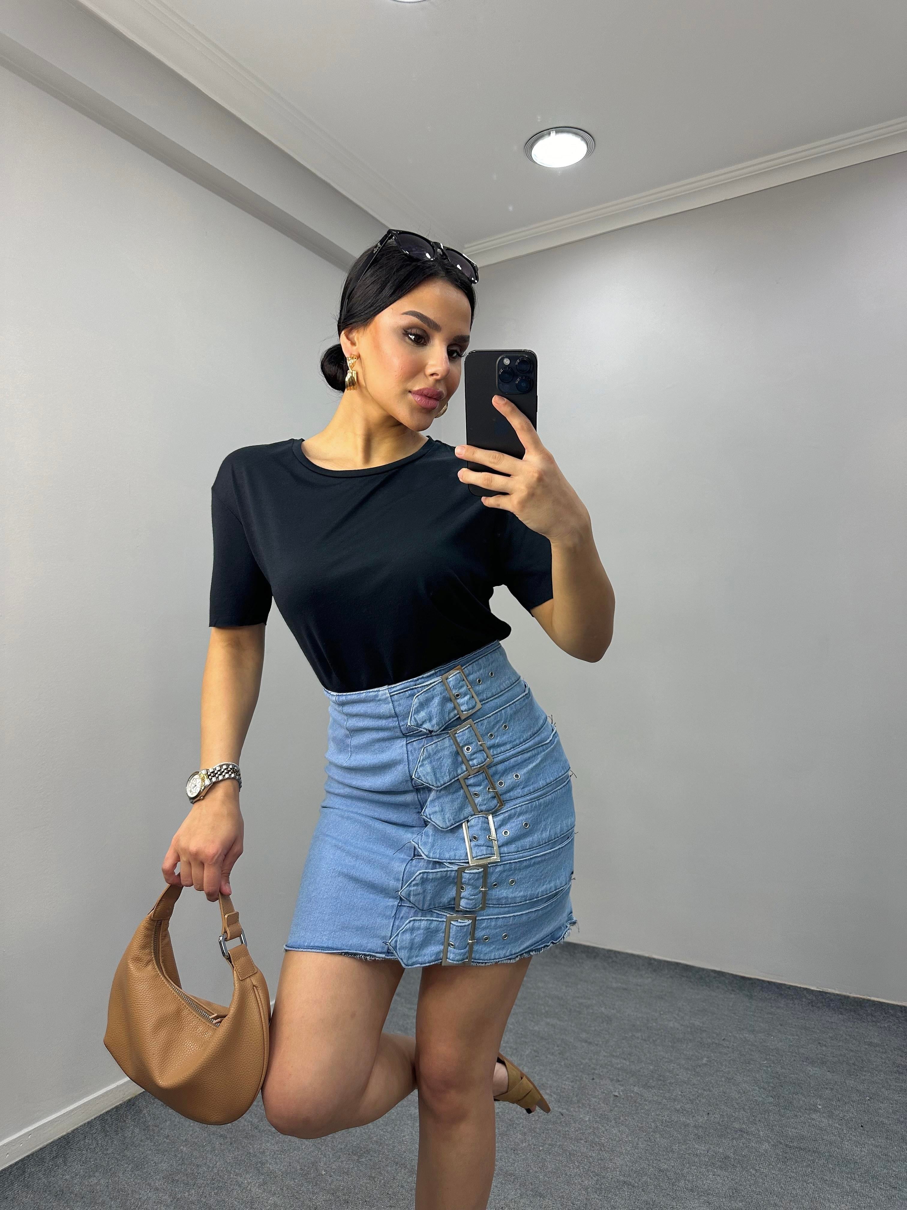 Juliyene Tasarım Kot Etek Açık Mavi