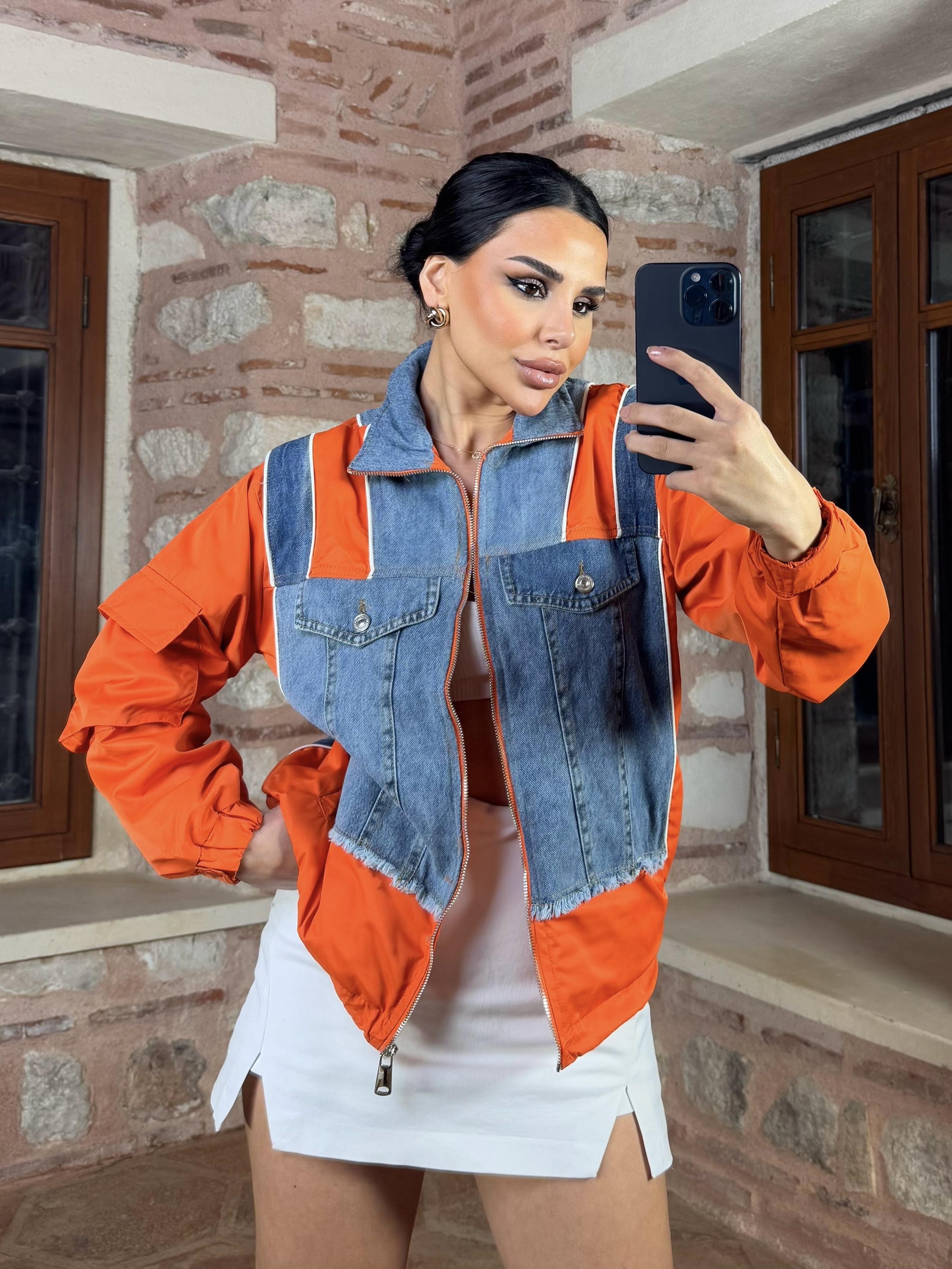 Frag Denim Detaylı Paraşüt Yağmurluk Turuncu
