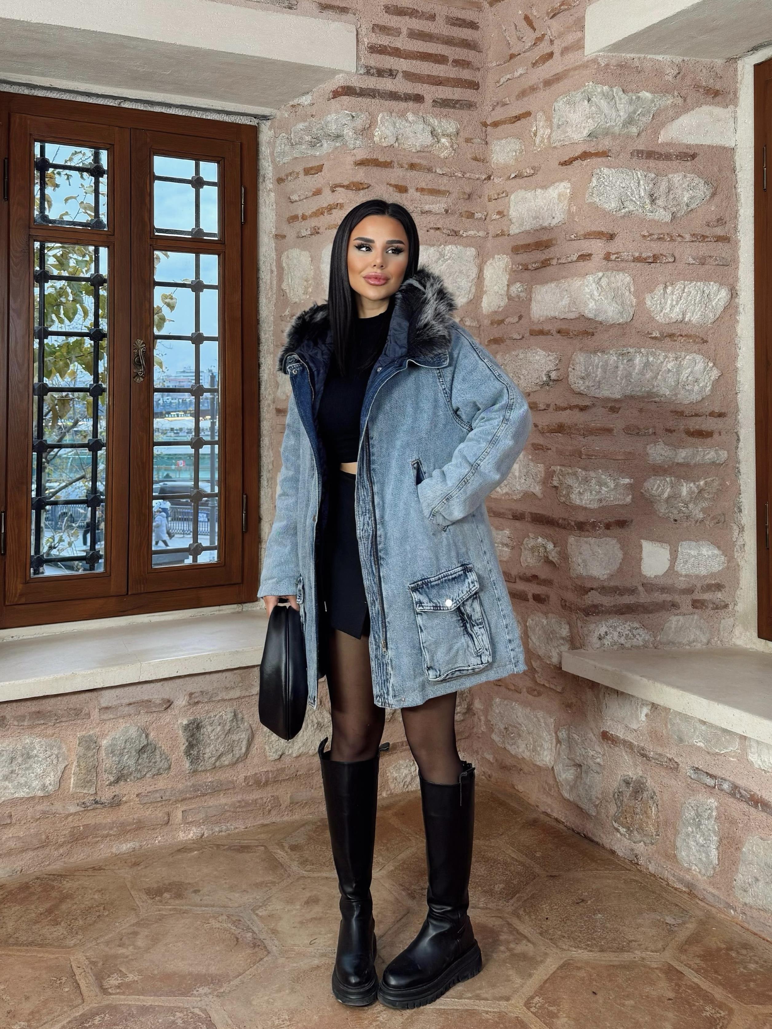 Wuala Kapşonlu Kot Mont Mavi