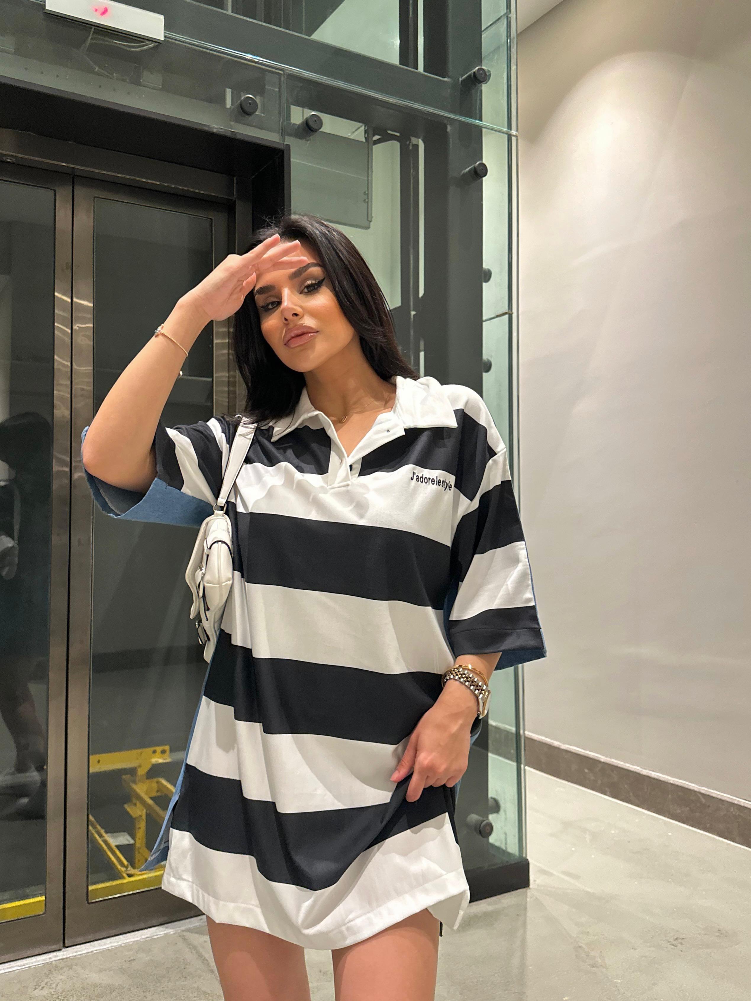 Jadore Çizgili Tasarım Tshirt Elbise