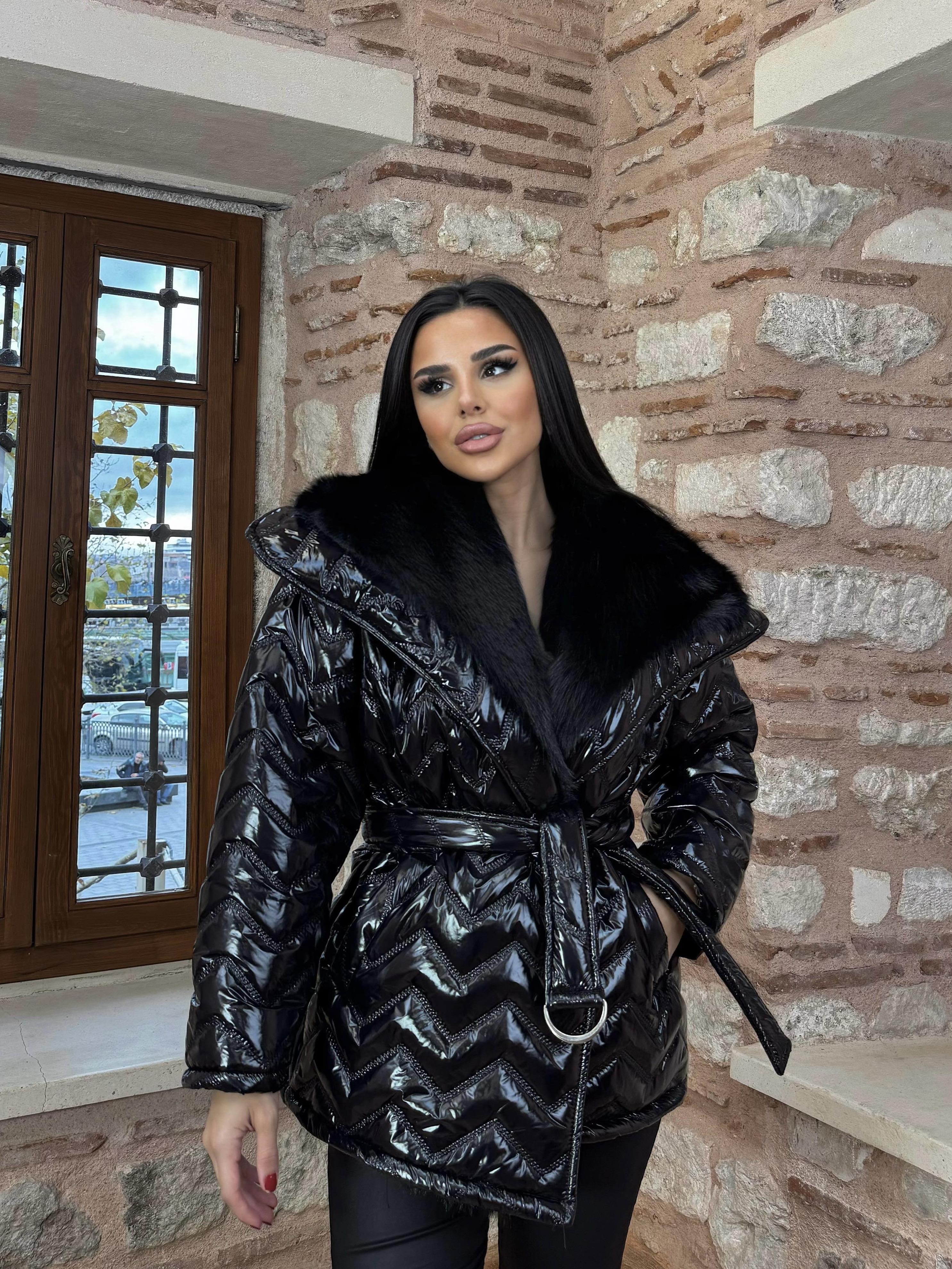 Massi Kürk Yakalı Şişme Mont-Siyah