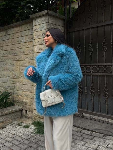 Furora Erkek Yaka Suni Kürk Mavi