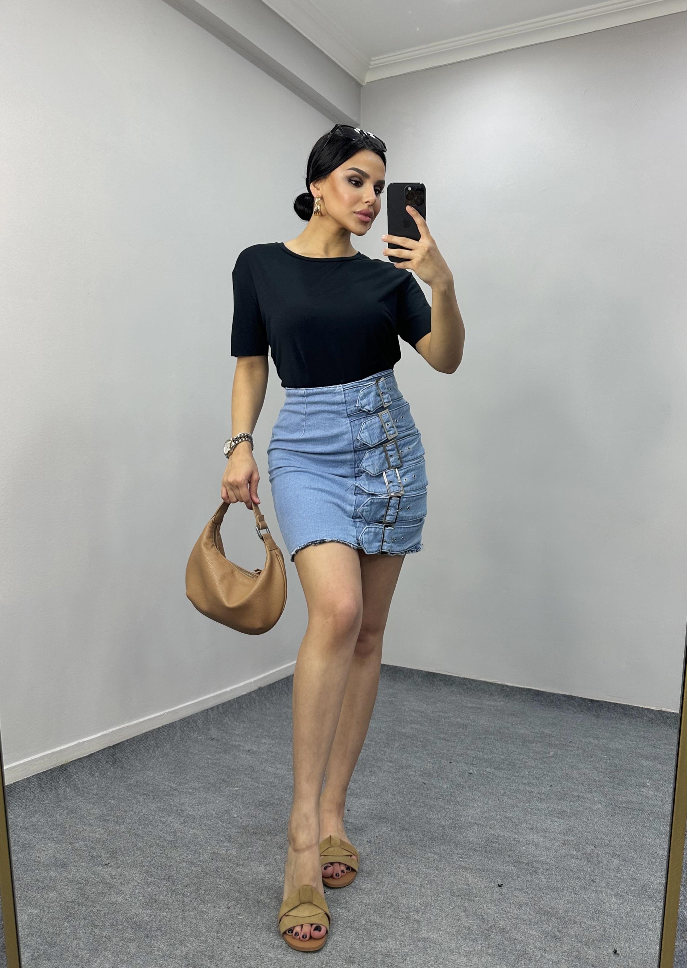 Juliyene Tasarım Kot Etek Açık Mavi