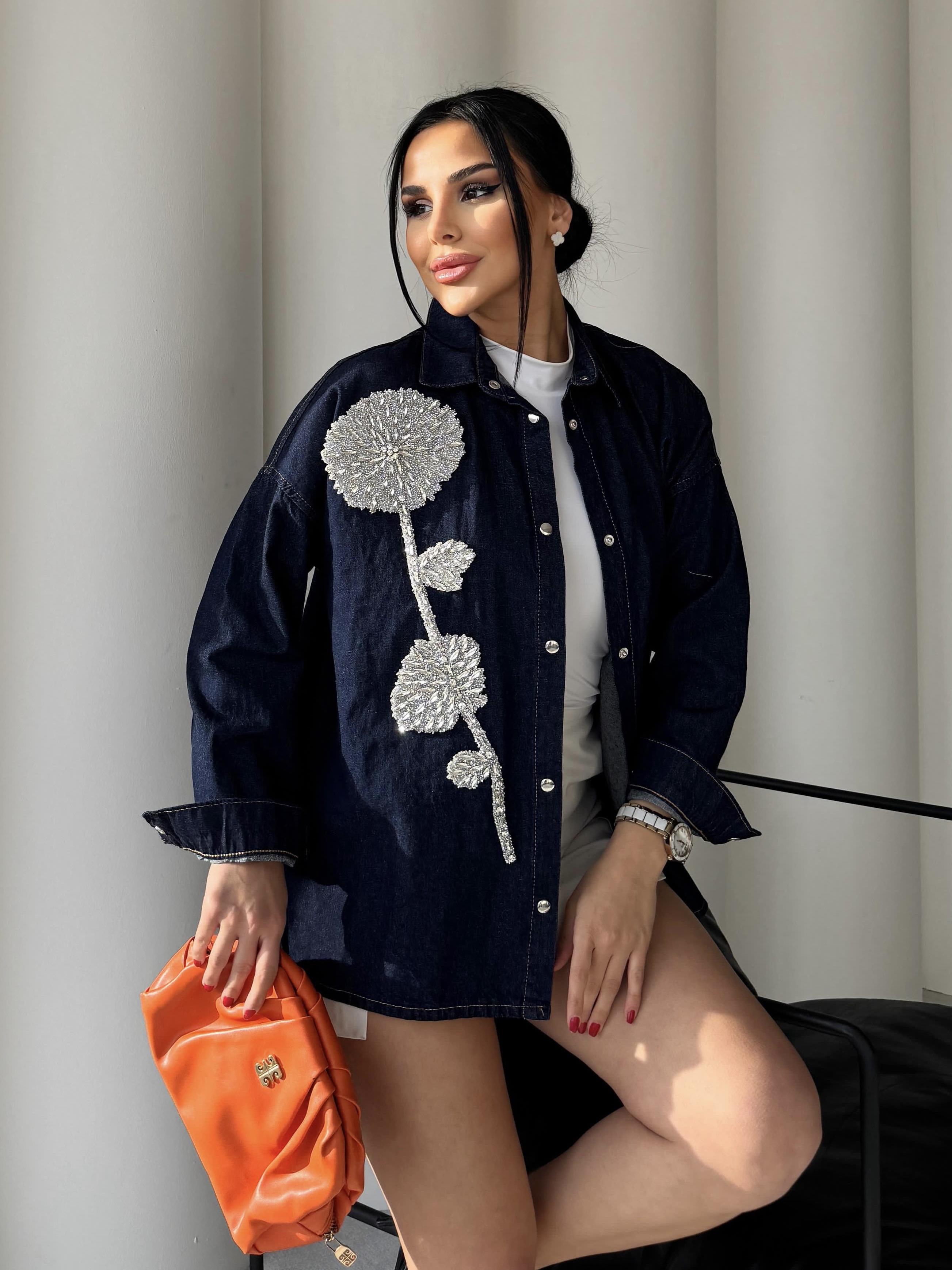 Bella Çiçek Taş Detaylı Denim Gömlek Ceket Lacivert