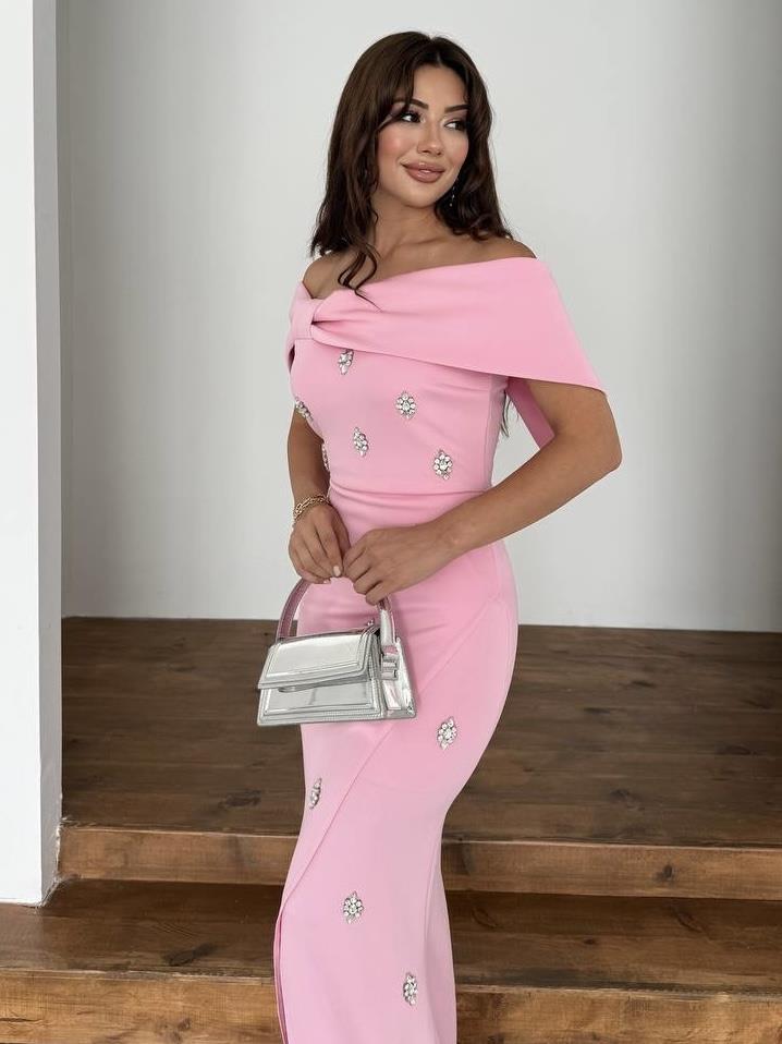 Nepali Taş Detaylı Abiye Elbise Pembe