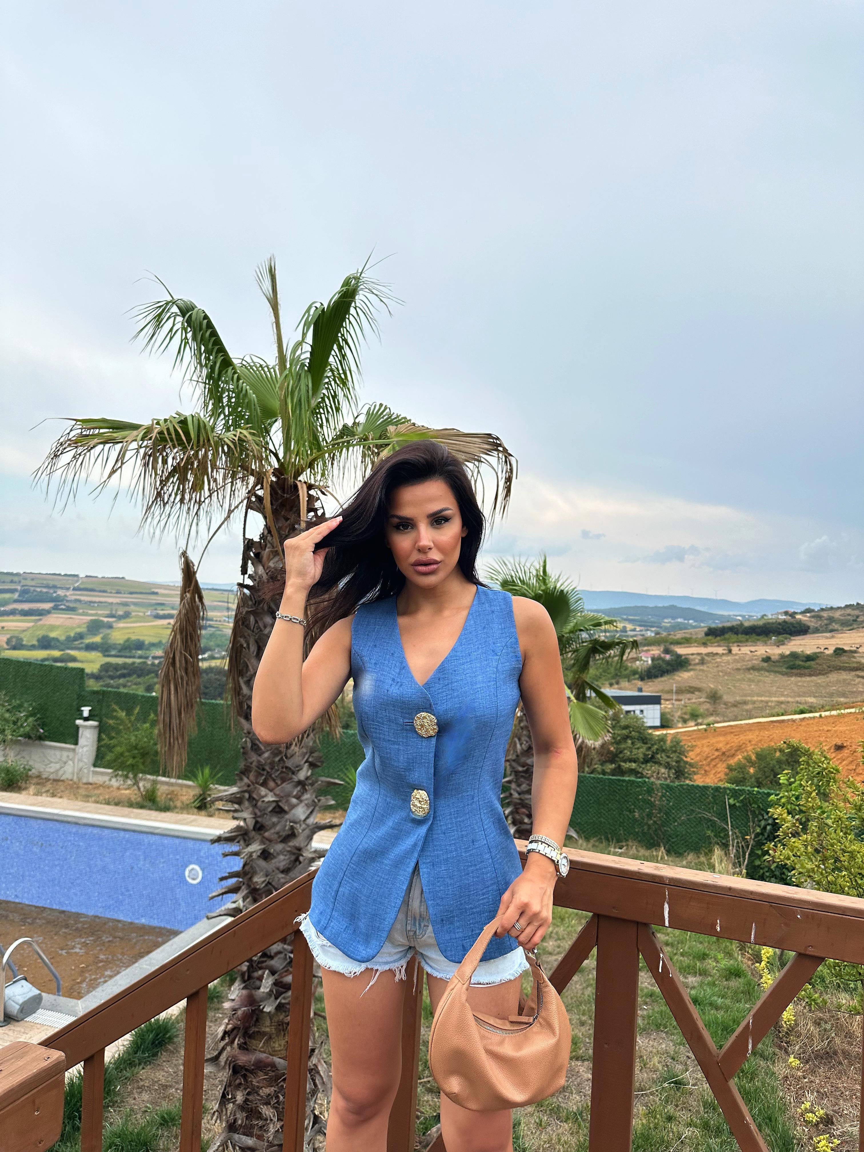 Dora Gold Düğmeli Yelek İndigo