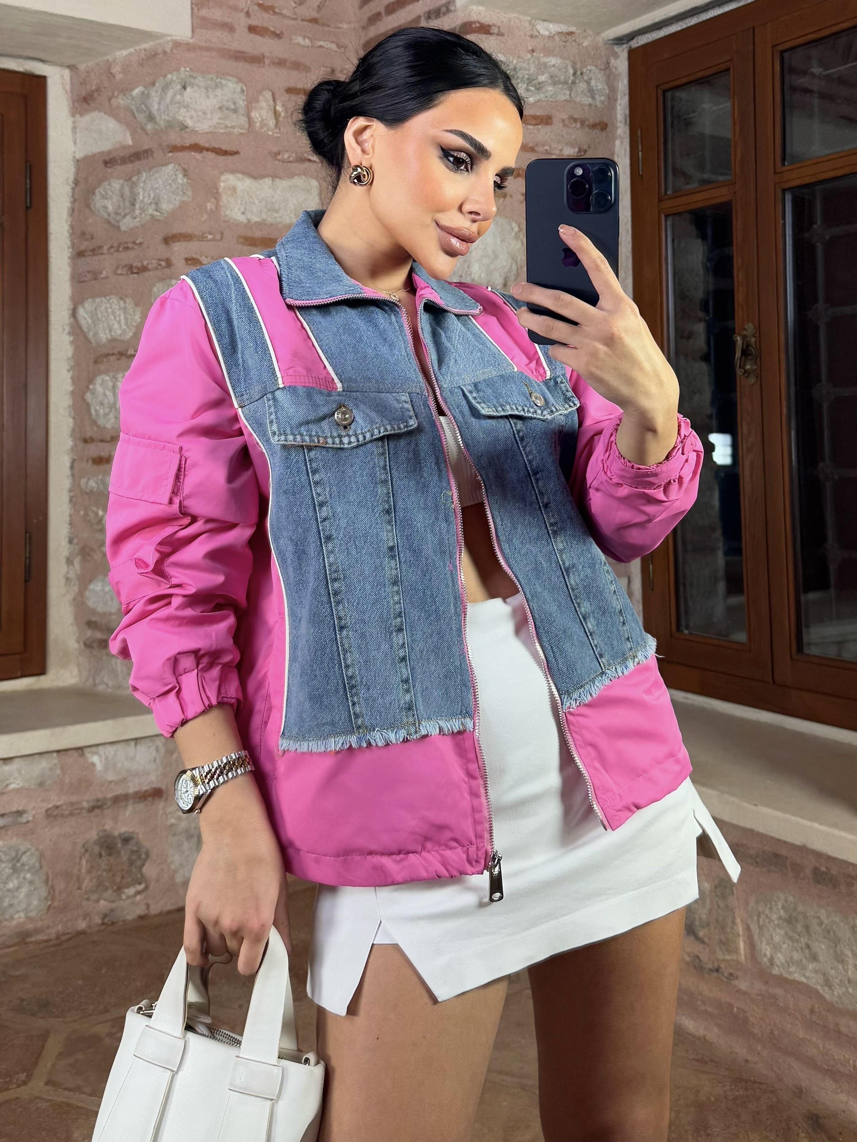 Frag Denim Detaylı Paraşüt Yağmurluk Pembe