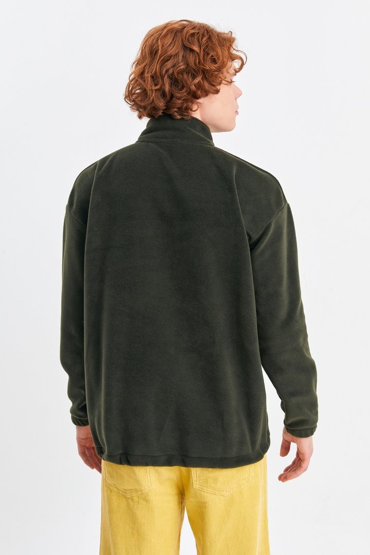Unisex Sincap Nakışlı Dik Yaka Yarım Fermuarlı Oversize Polar