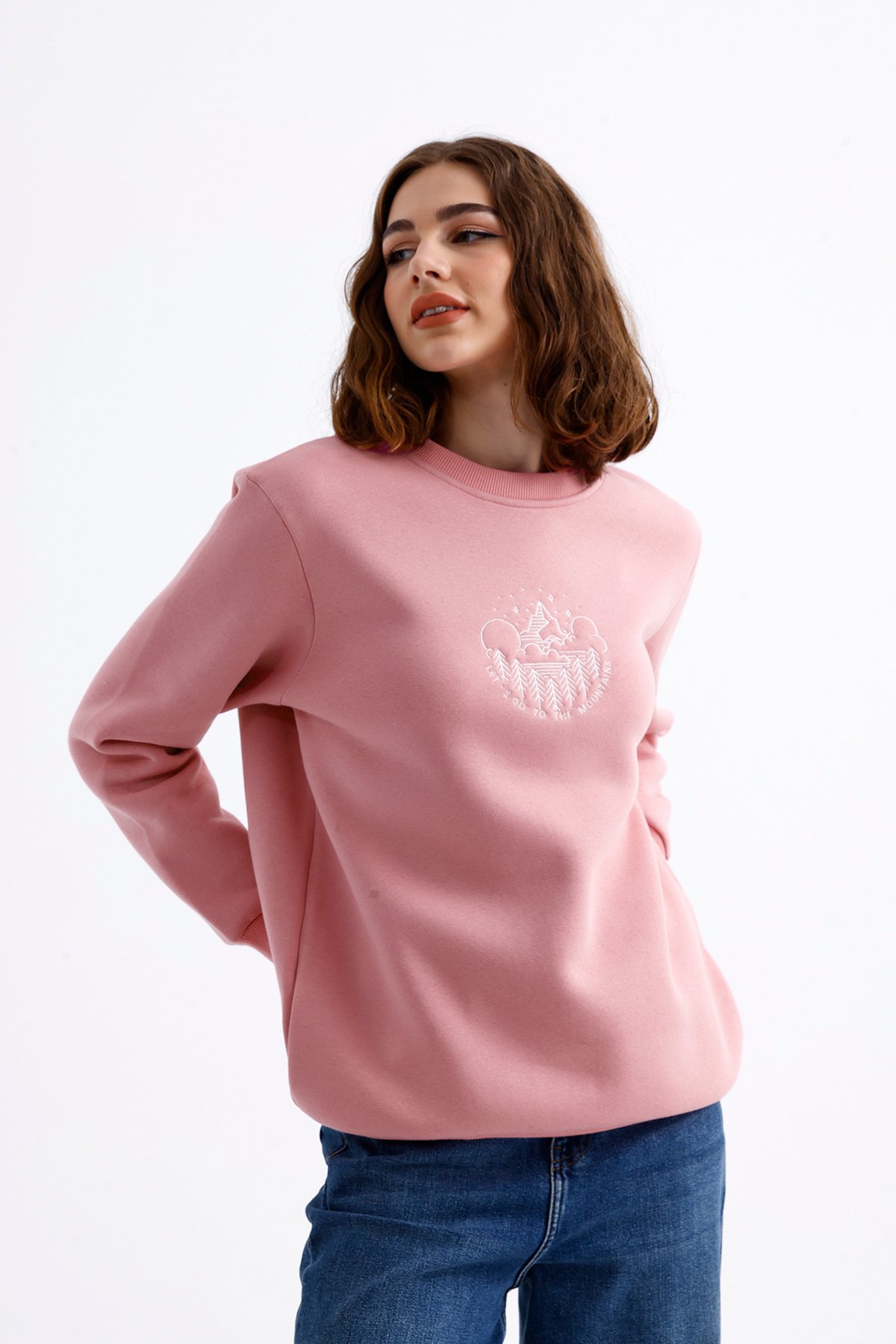 Unisex Mountains Nakışlı Bisiklet Yaka İçi Yumuşak Polarlı Oversize Sweatshirt - Lila