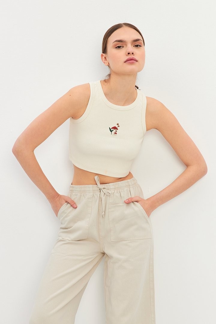 Kadın Mantar Nakış Tasarımlı Premium Pamuklu Crop Top