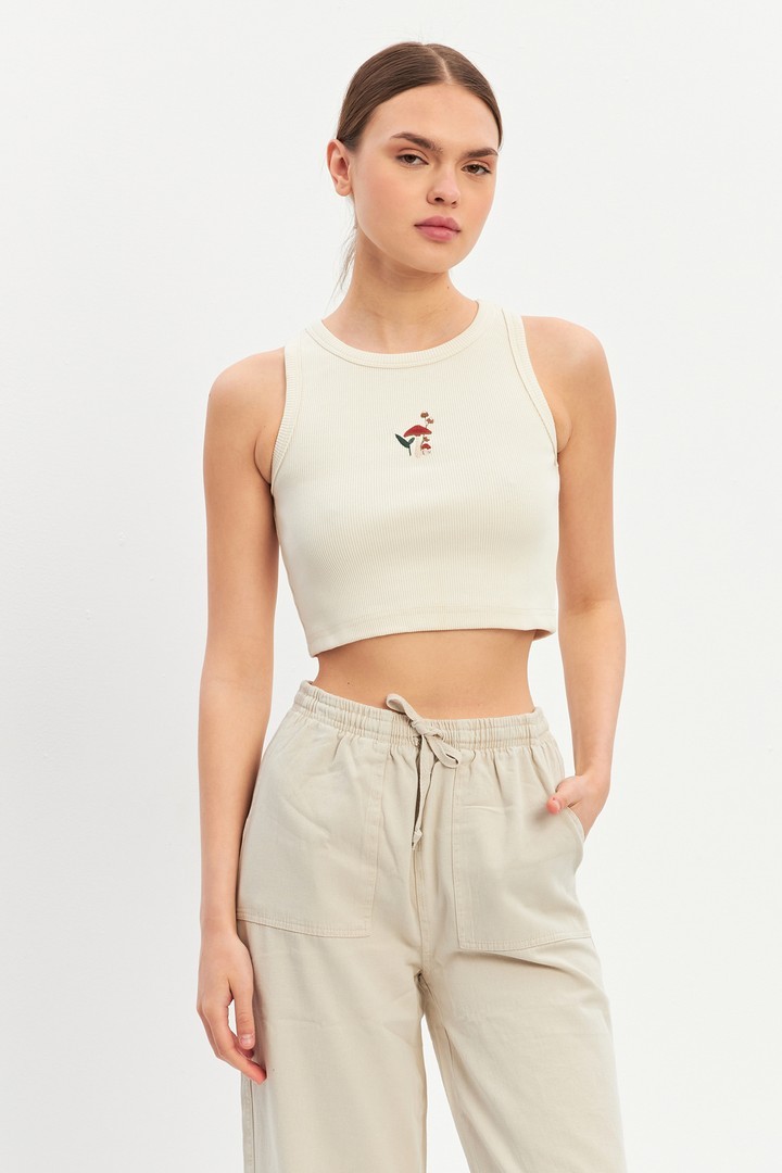 Kadın Mantar Nakış Tasarımlı Premium Pamuklu Crop Top