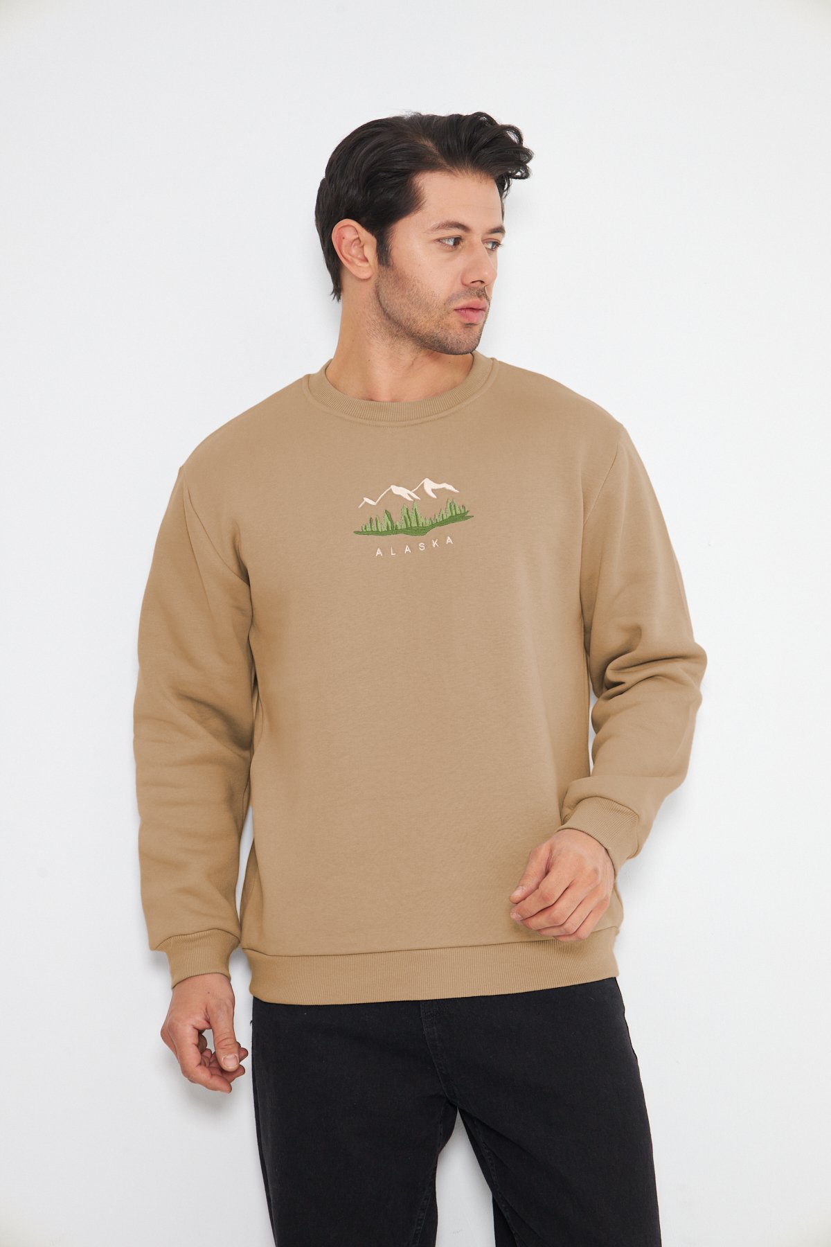 Unisex Alaska Nakışlı Bisiklet Yaka İçi Yumuşak Polarlı Oversize Sweatshirt - Açık Kahve