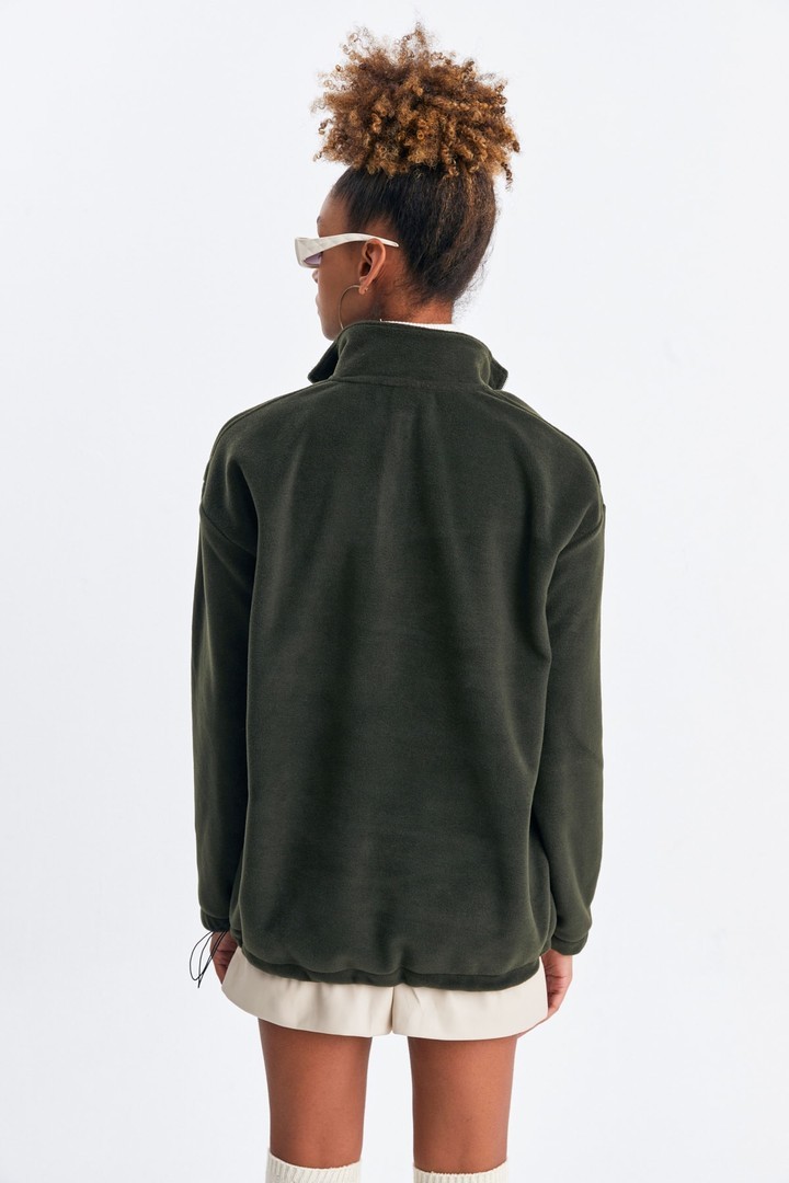 Unisex Karavan Nakışlı Dik Yaka Yarım Fermuarlı Oversize Polar