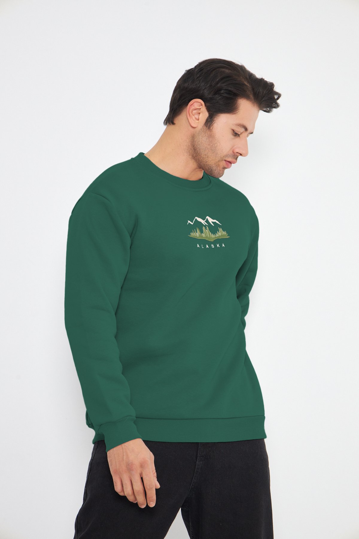 Unisex Alaska Nakışlı Bisiklet Yaka İçi Yumuşak Polarlı Oversize Sweatshirt - Yeşil