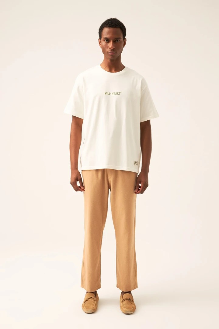 Unisex Wild Heart Nakışlı Oversize Premium Penye Kısa Kol T-shirt - EKRU