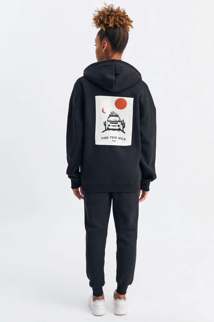 Unisex Find Your Wild Parça Baskılı Dikim İçi Yumuşak Dokulu Fermuarlı Oversize Kapüşonlu Takım