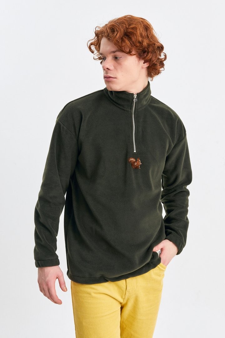 Unisex Sincap Nakışlı Dik Yaka Yarım Fermuarlı Oversize Polar