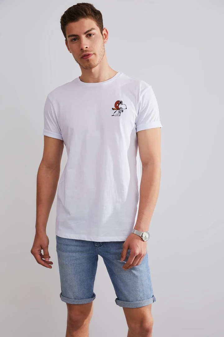 Unisex Snoopy Nakışlı T-shirt - Beyaz