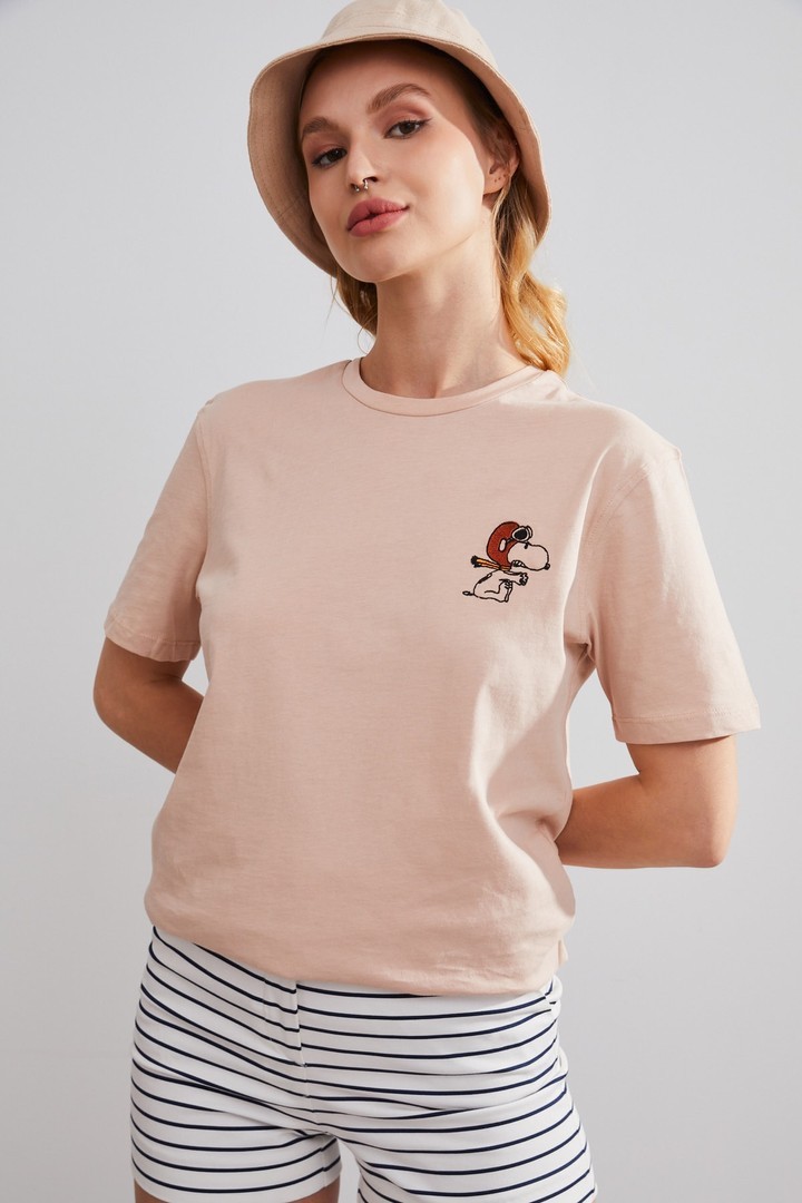 Unisex Snoopy Nakışlı T-shirt