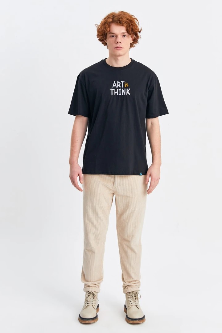 Unisex Art Is Think Yazı Nakışlı Bisiklet Yaka Oversize T-shirt