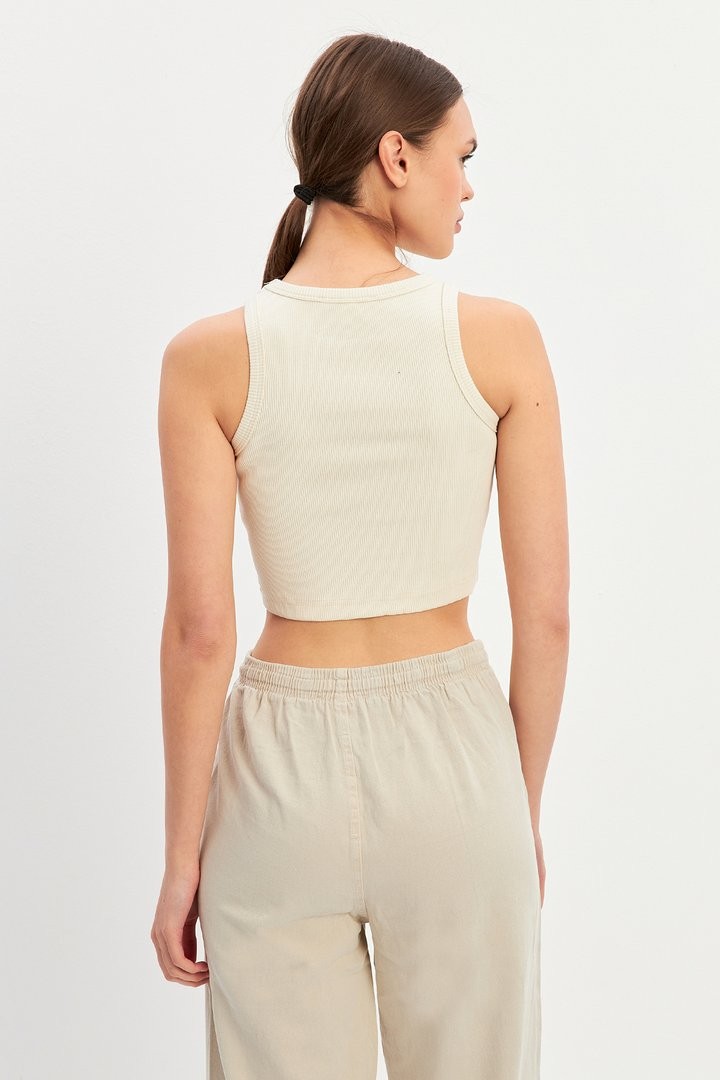 Kadın Mantar Nakış Tasarımlı Premium Pamuklu Crop Top
