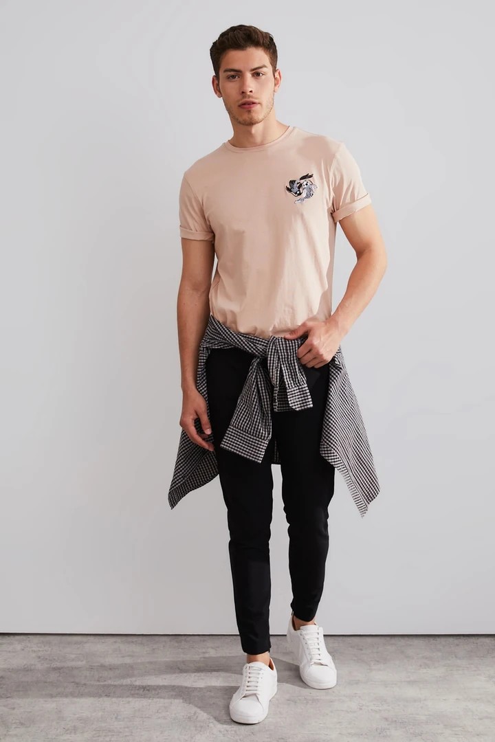 Unisex Yin Yang Balık Nakışlı T-shirt - Bej