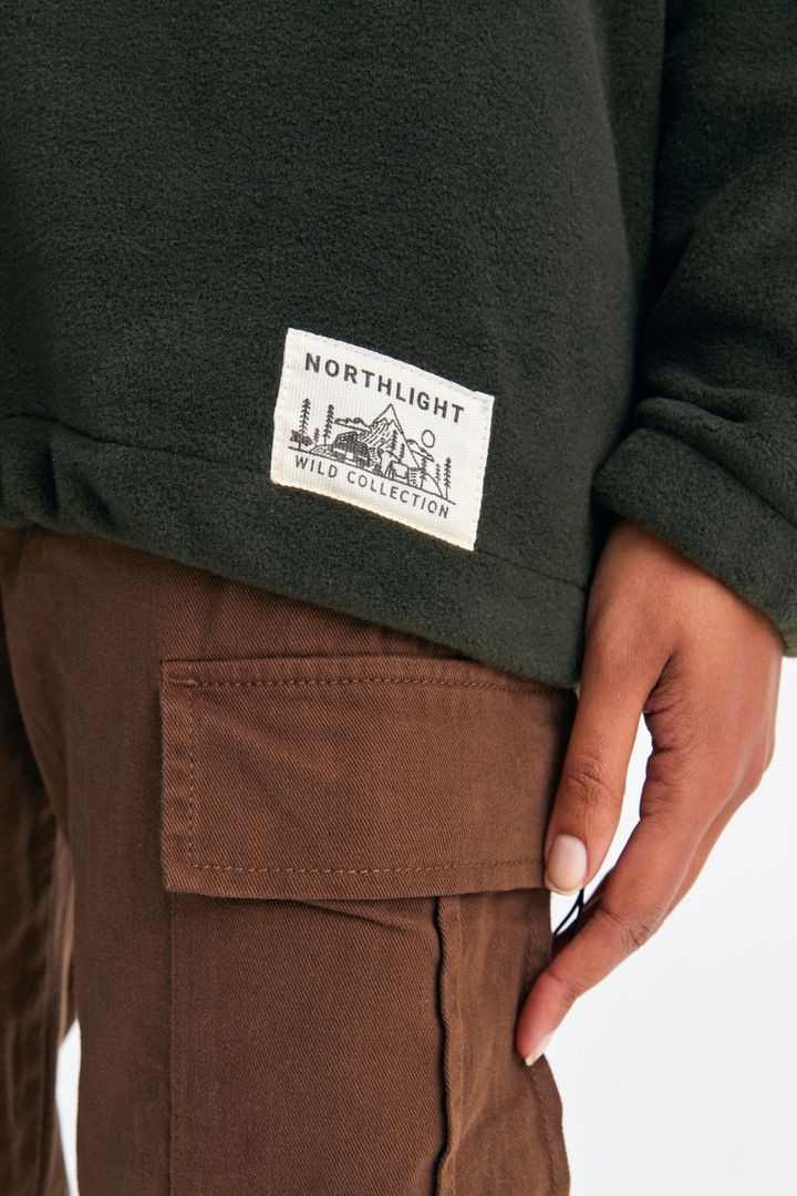 Unisex Sincap Nakışlı Dik Yaka Yarım Fermuarlı Oversize Polar