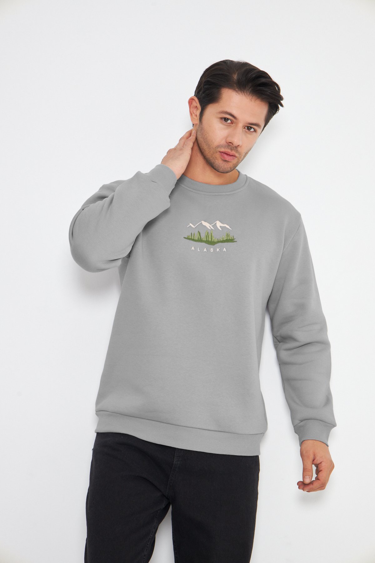 Unisex Alaska Nakışlı Bisiklet Yaka İçi Yumuşak Polarlı Oversize Sweatshirt