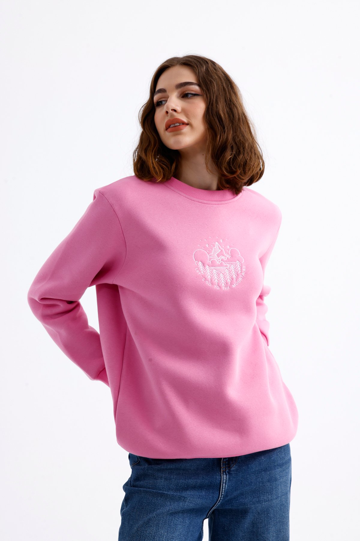 Unisex Mountains Nakışlı Bisiklet Yaka İçi Yumuşak Polarlı Oversize Sweatshirt - Pembe