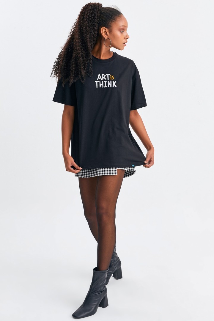 Unisex Art Is Think Yazı Nakışlı Bisiklet Yaka Oversize T-shirt