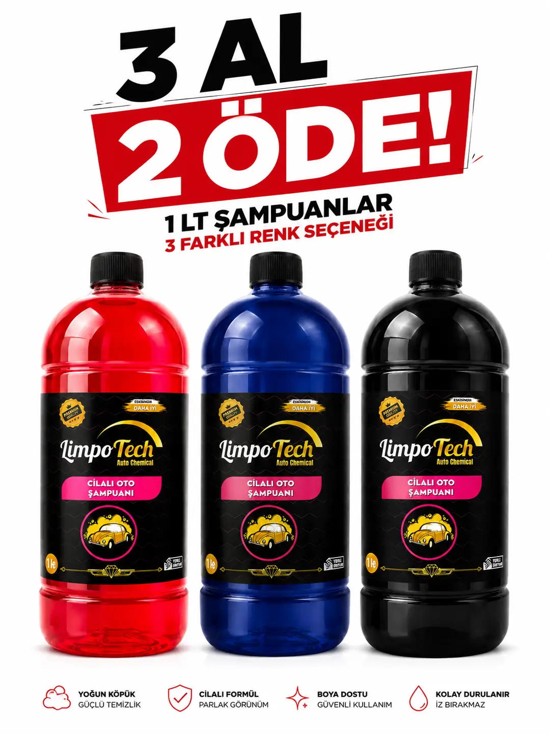 1 LT Cilalı Oto Şampuanı | 3 Al 2 Öde | Pembe Mavi Şeffaf