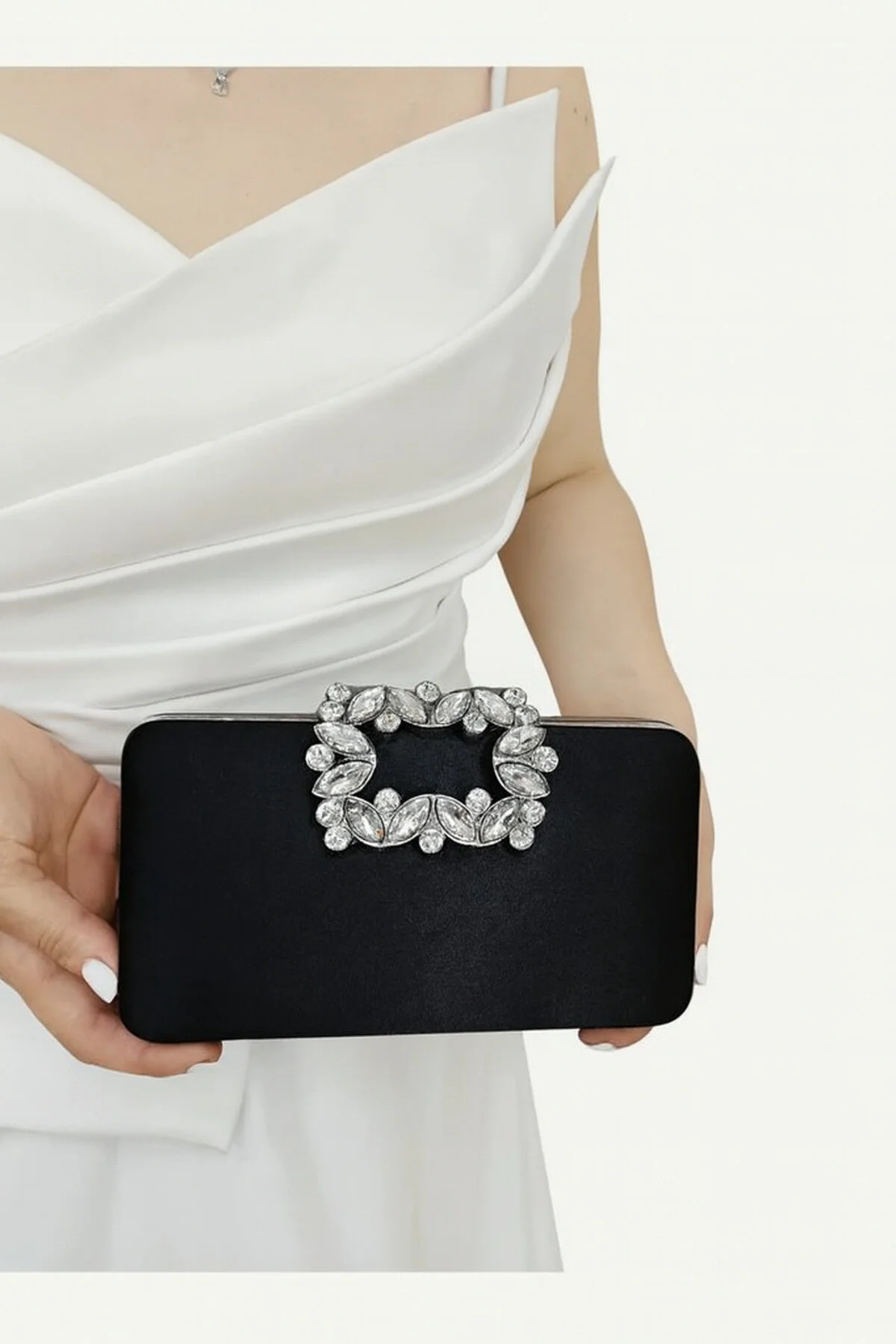 ABİYE TAŞLI TOKALI CLUTCH PORTFÖY EL DÜĞÜN NİŞAN GECE ÇANTASI - SATEN SİYAH