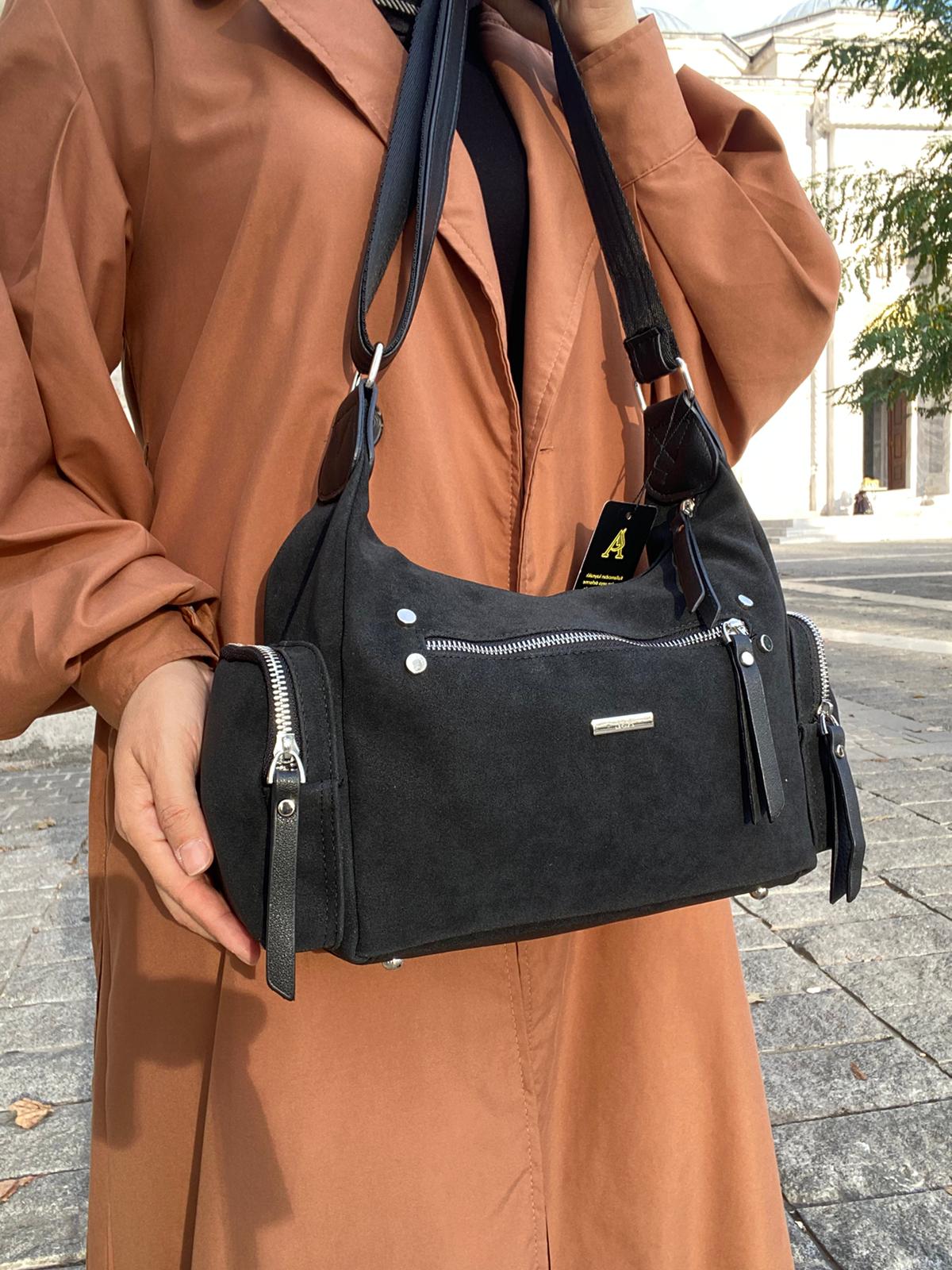 8 BÖLMELİ ASTARLI UZUN ASKILI ÇAPRAZ VE OMUZ ÇANTASI - SİYAH-NUBUK