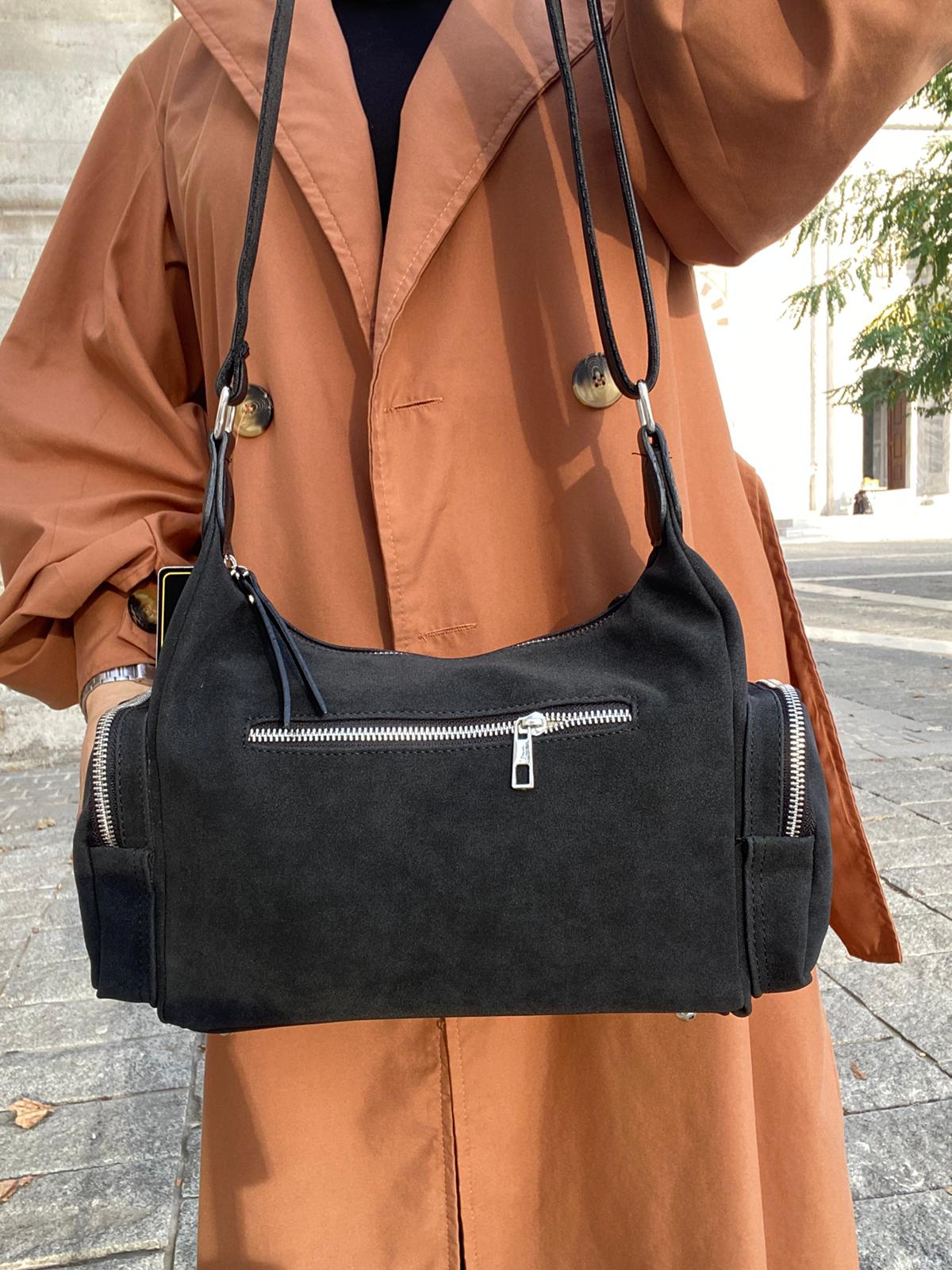 8 BÖLMELİ ASTARLI UZUN ASKILI ÇAPRAZ VE OMUZ ÇANTASI - SİYAH-NUBUK