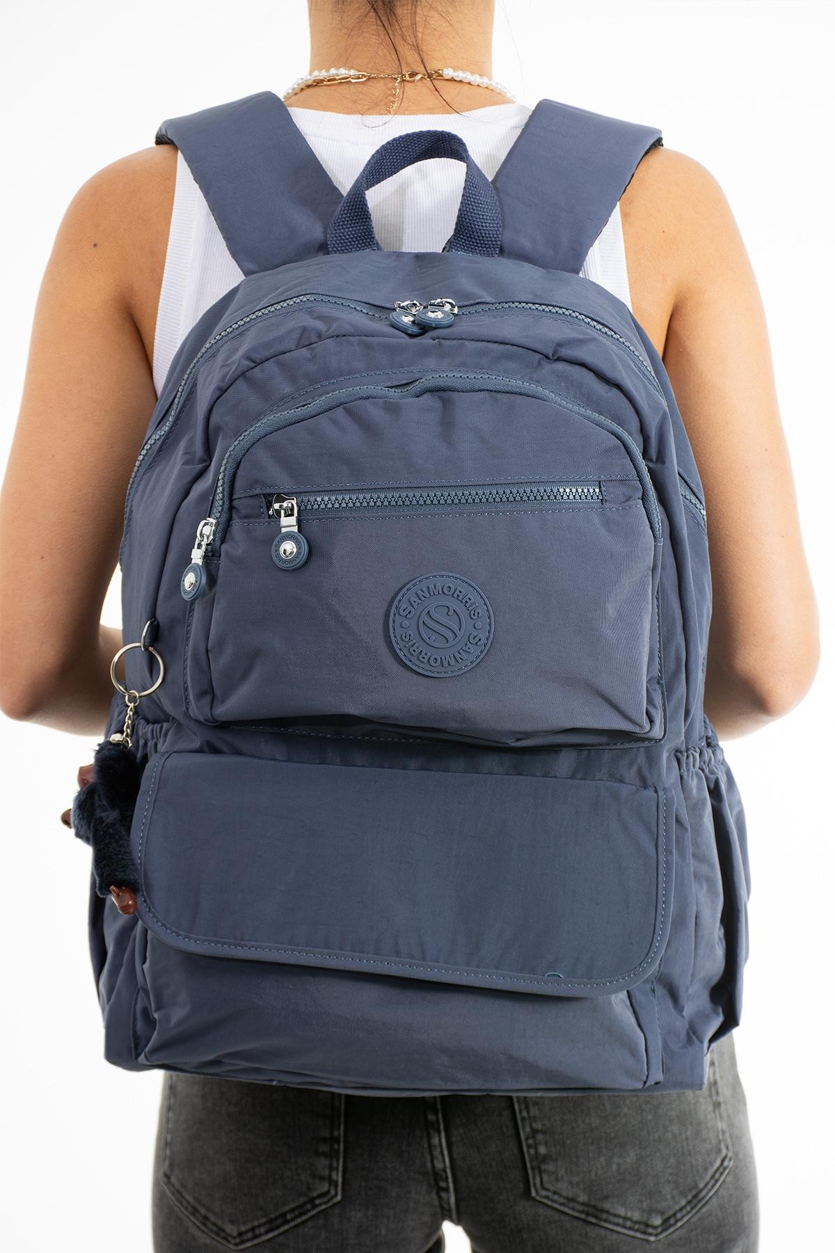 Unisex Suya Dayanıklı Kumaş Laptop Bölmeli Büyük Boy Açık Gri Renkli Okul Seyahat Sırt Çantası - LACİVERT