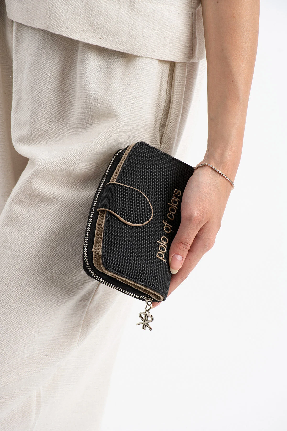 Polo Of Colors Kapaklı El ve Uzun Omuz Askılı Kadın Çanta Cüzdan Takımı - SİYAH-VİZON