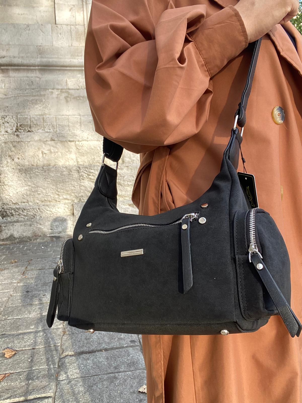 8 BÖLMELİ ASTARLI UZUN ASKILI ÇAPRAZ VE OMUZ ÇANTASI - SİYAH-NUBUK