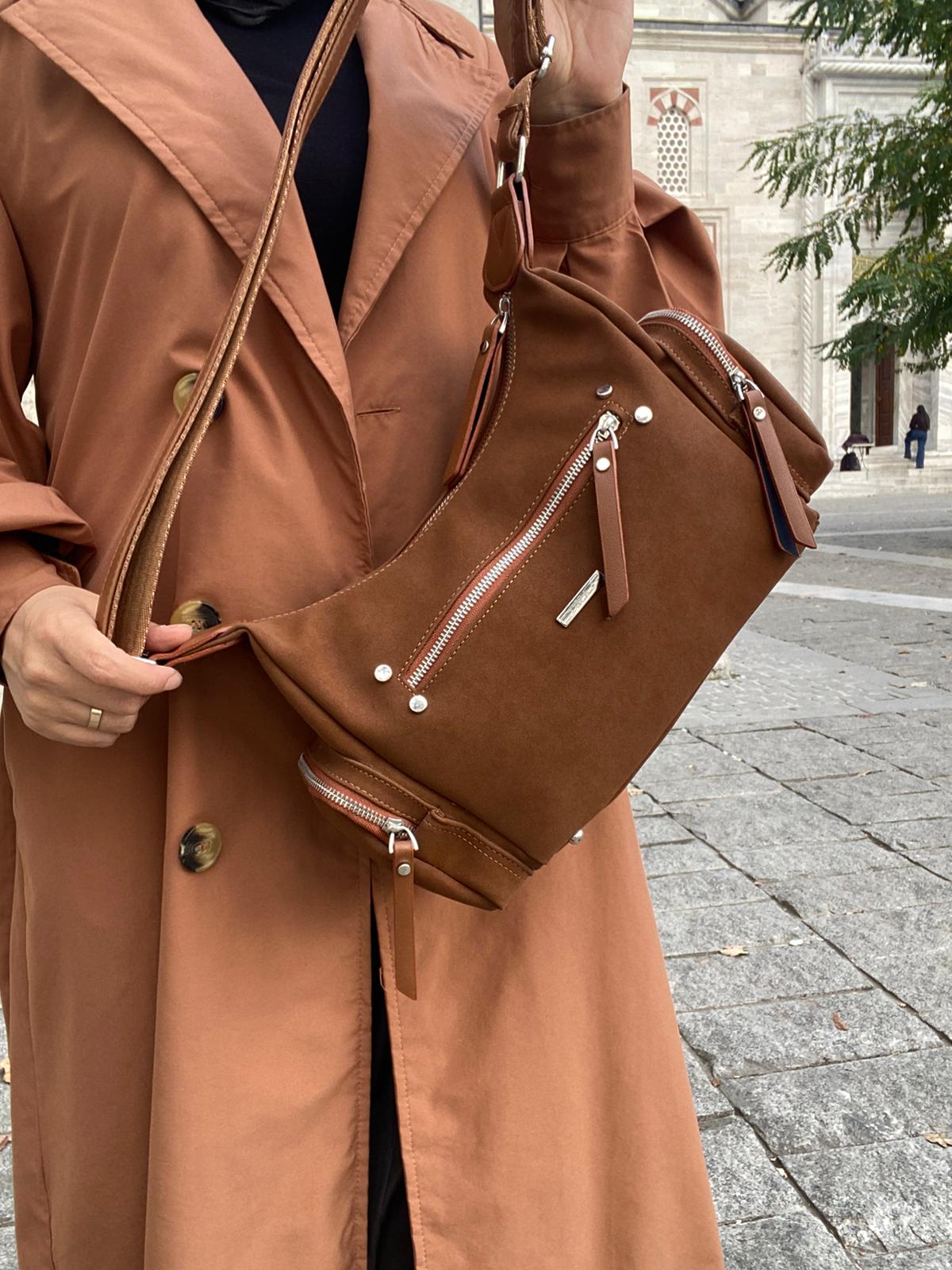 8 BÖLMELİ ASTARLI UZUN ASKILI ÇAPRAZ VE OMUZ ÇANTASI - TABA-NUBUK